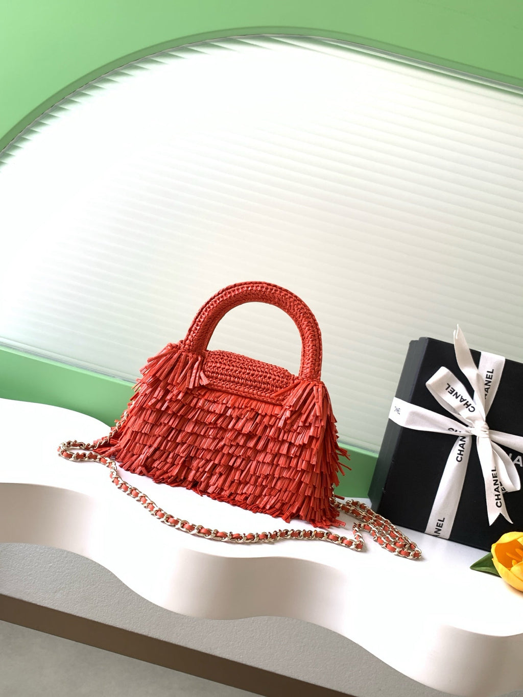 CHANEL 26S SMALL FRINGE KELLY 19 IN CORAL RED RAFFIA WOOD