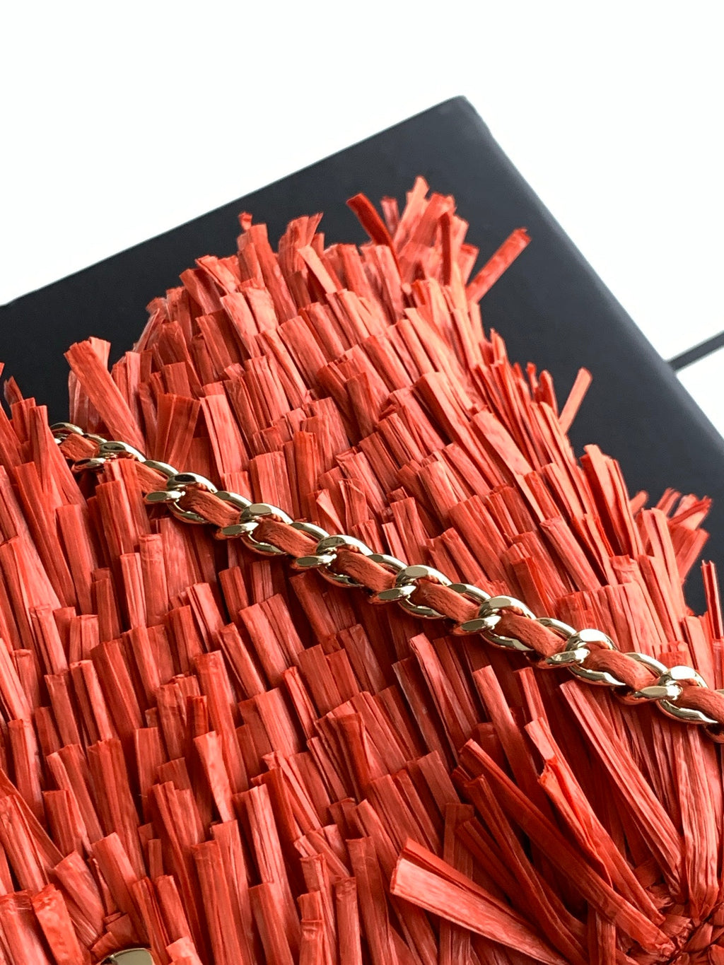 CHANEL 26S SMALL FRINGE KELLY 19 IN CORAL RED RAFFIA WOOD