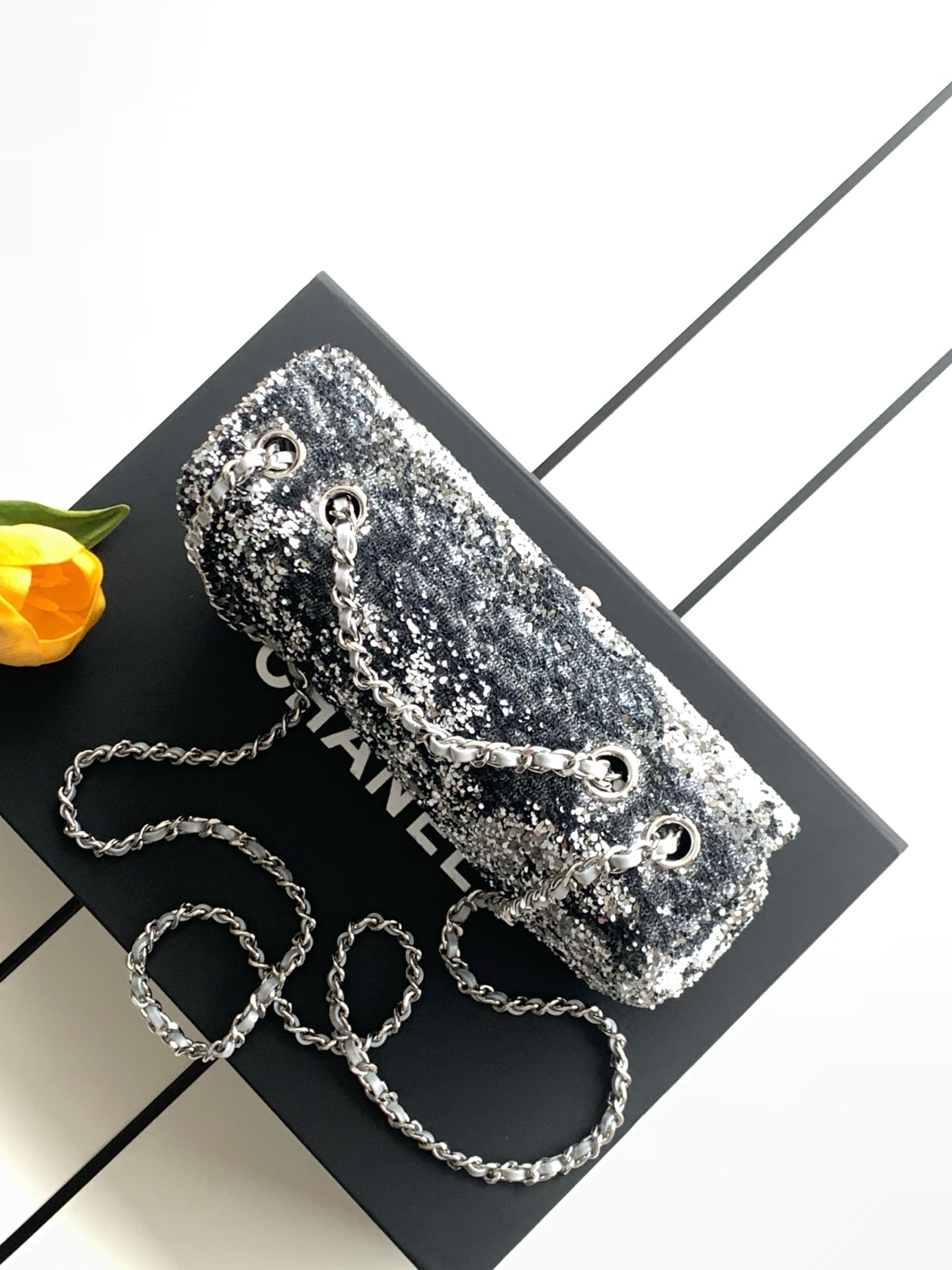 CHANEL 26S SEQUINS FLAP BAG 21 IN BLACK TWEED AND CALFSKIN SILVER HARDWARE