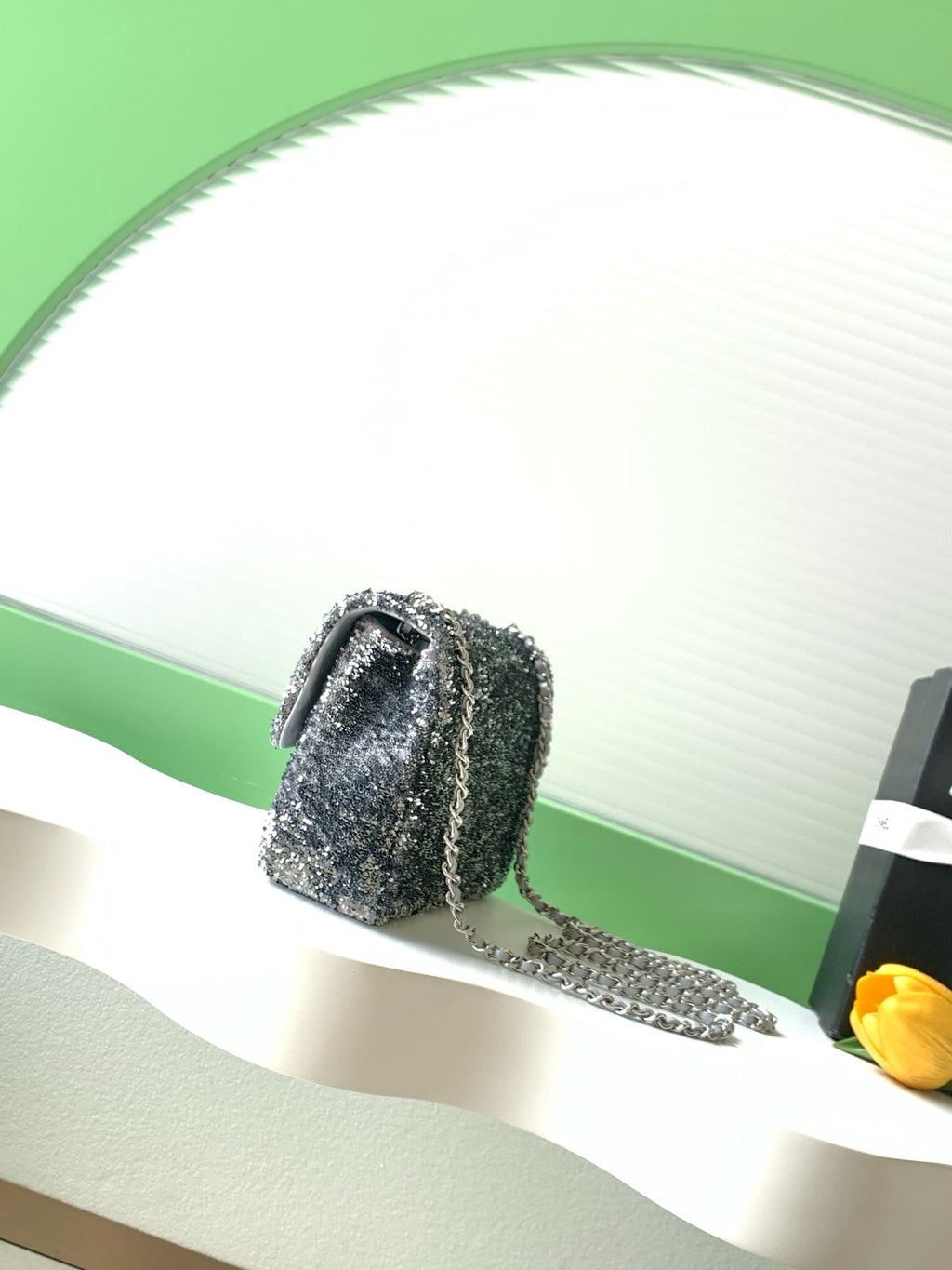 CHANEL 26S SEQUINS FLAP BAG 21 IN BLACK TWEED AND CALFSKIN SILVER HARDWARE