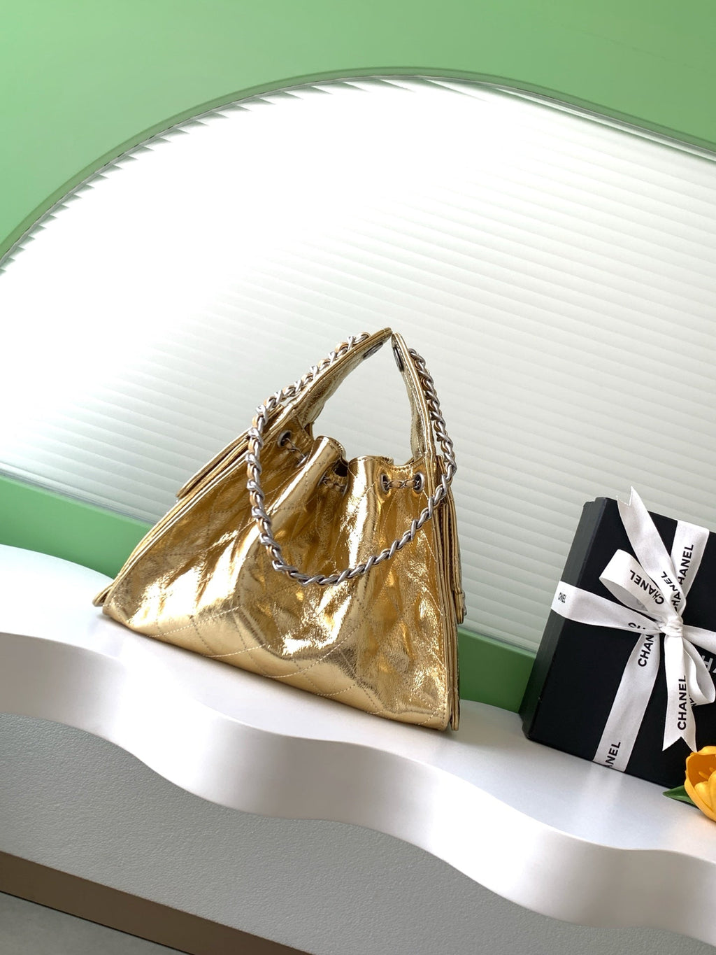 CHANEL 26S HOBO BAG 30 IN GOLD METALLIC CRINKLED CALFSKIN SILVER HARDWARE
