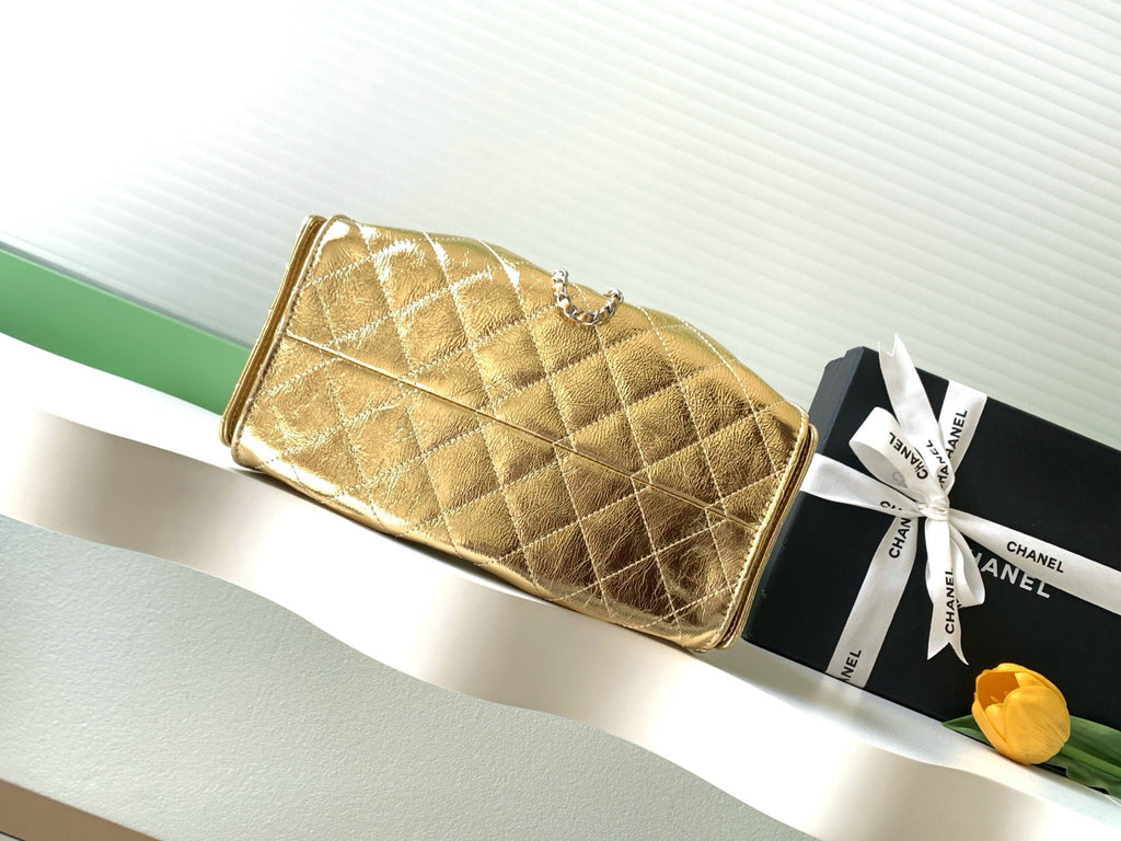 CHANEL 26S HOBO BAG 30 IN GOLD METALLIC CRINKLED CALFSKIN SILVER HARDWARE