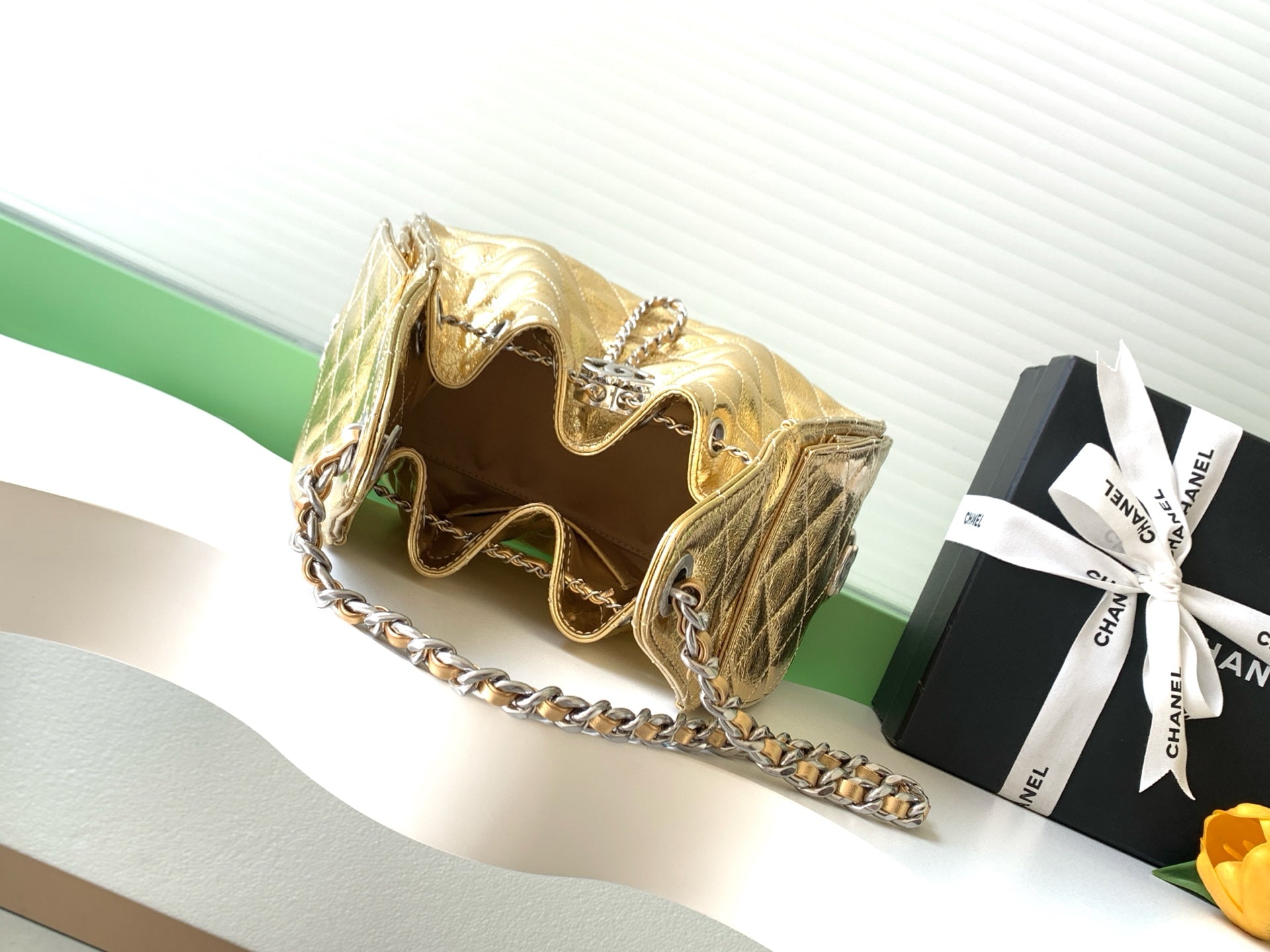 CHANEL 26S HOBO BAG 30 IN GOLD METALLIC CRINKLED CALFSKIN SILVER HARDWARE