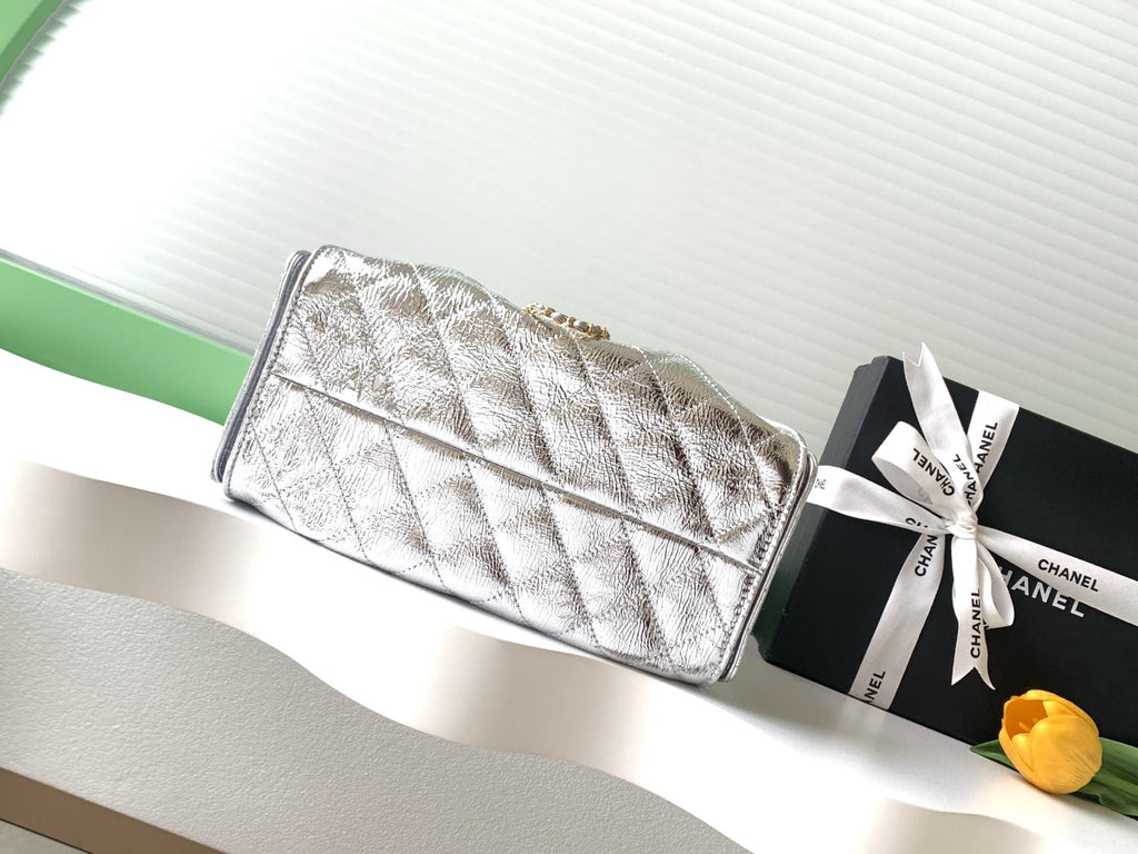 CHANEL 26S HOBO BAG 30 IN SILVER METALLIC CRINKLED CALFSKIN GOLD HARDWARE