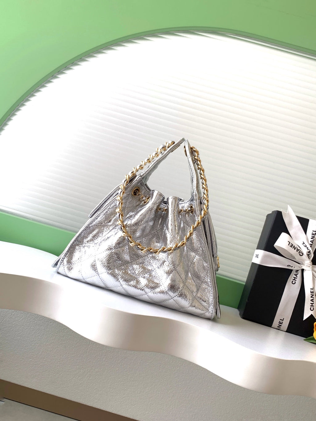 CHANEL 26S HOBO BAG 30 IN SILVER METALLIC CRINKLED CALFSKIN GOLD HARDWARE