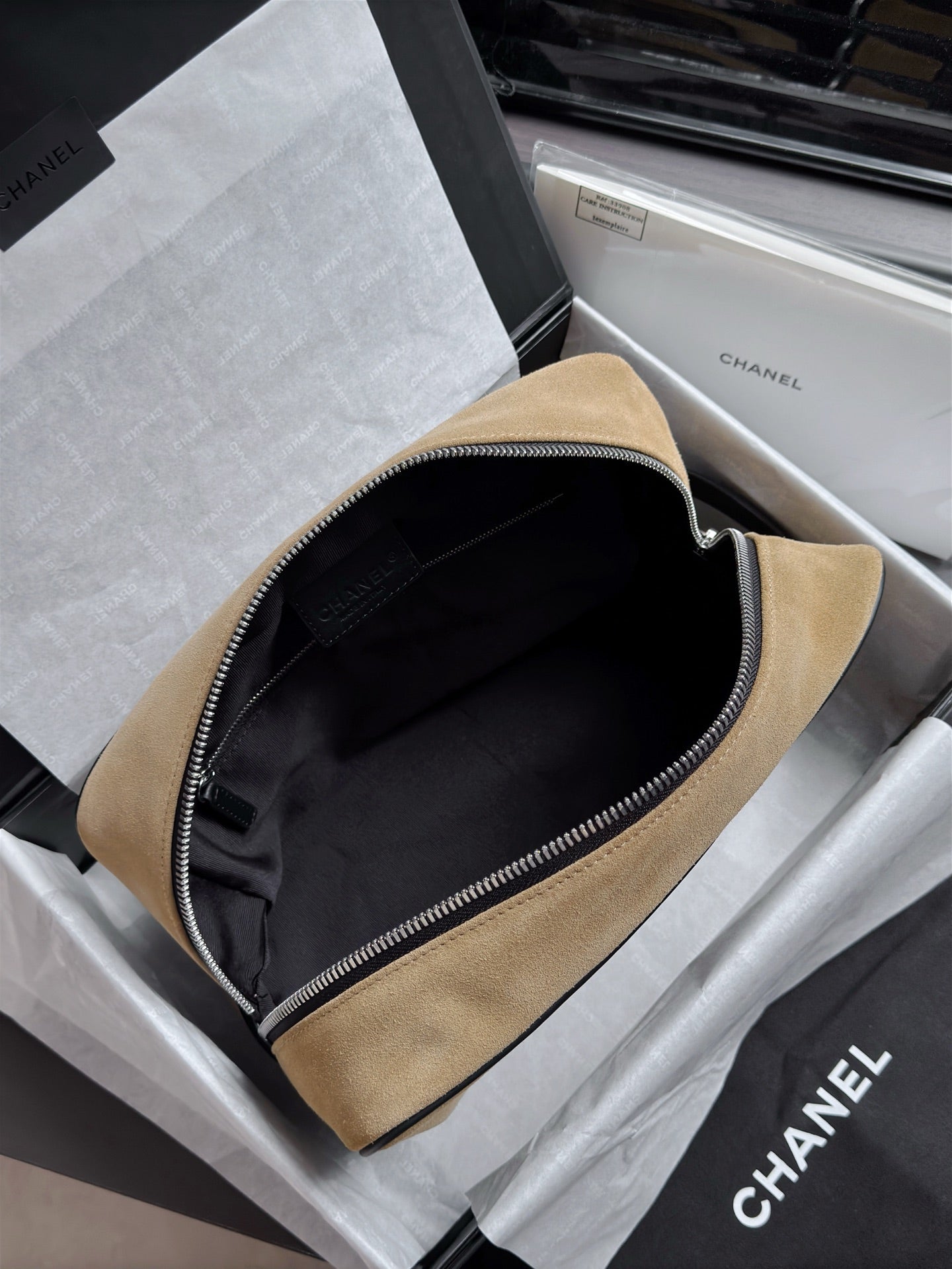 CHANEL 26S LARGE ZIP POUCH BAG 29 IN DARK BEIGE SUEDE AND CALFSKIN SILVER HARDWARE