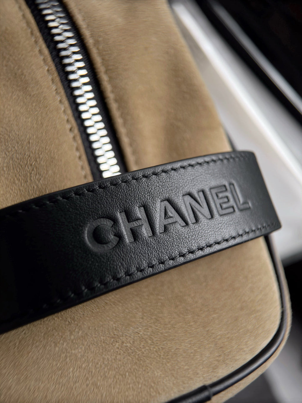 CHANEL 26S LARGE ZIP POUCH BAG 29 IN DARK BEIGE SUEDE AND CALFSKIN SILVER HARDWARE