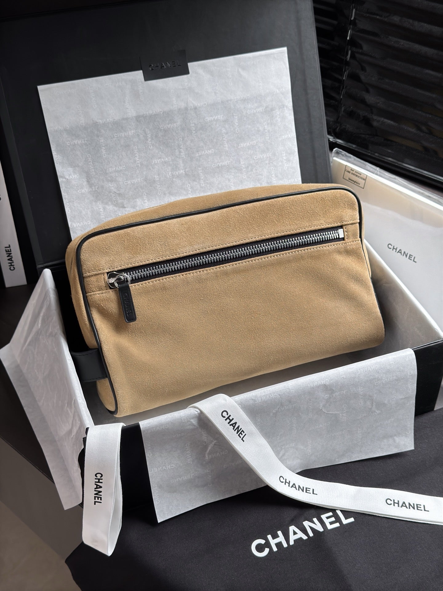 CHANEL 26S LARGE ZIP POUCH BAG 29 IN DARK BEIGE SUEDE AND CALFSKIN SILVER HARDWARE