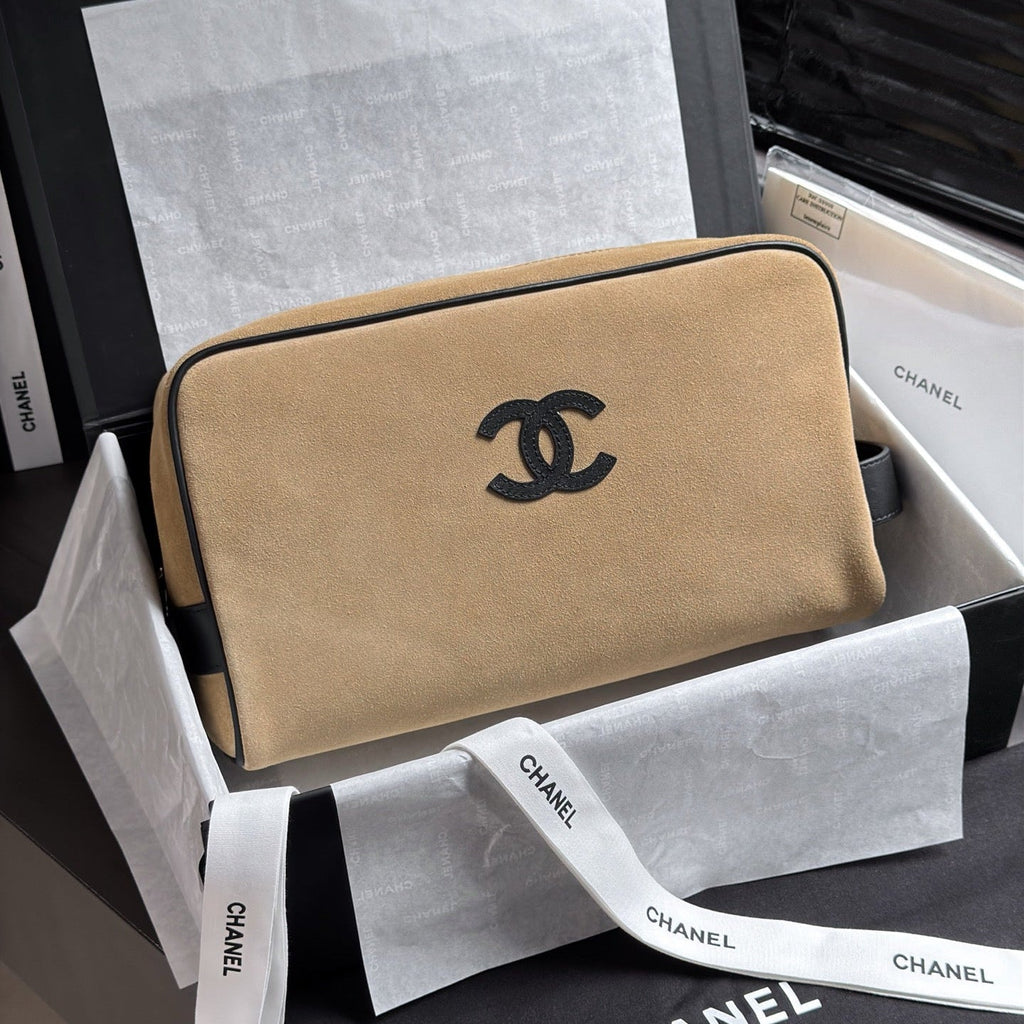CHANEL 26S LARGE ZIP POUCH BAG 29 IN DARK BEIGE SUEDE AND CALFSKIN SILVER HARDWARE