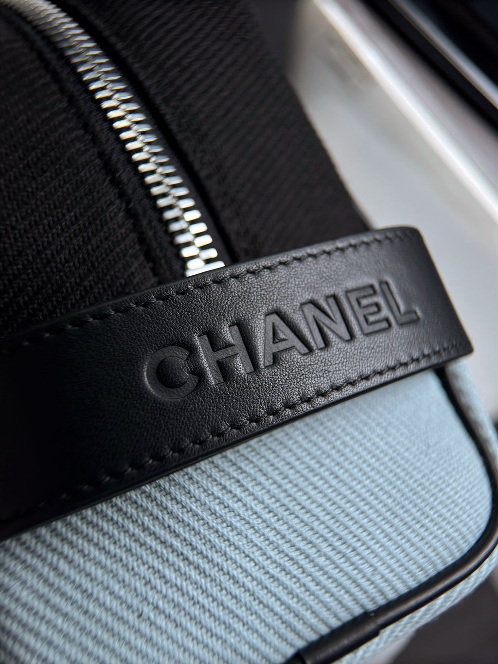 CHANEL 26S LARGE ZIP POUCH BAG 29 IN LIGHT BLUE CANVAS AND CALFSKIN SILVER HARDWARE