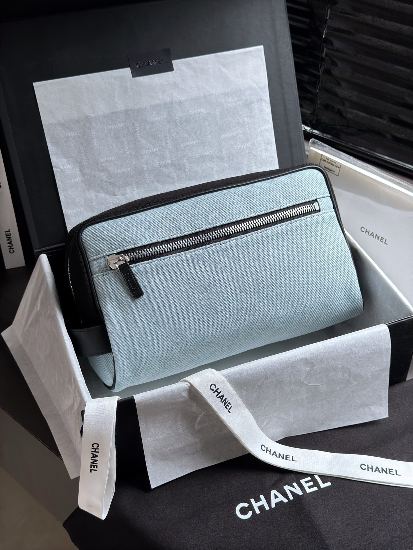 CHANEL 26S LARGE ZIP POUCH BAG 29 IN LIGHT BLUE CANVAS AND CALFSKIN SILVER HARDWARE