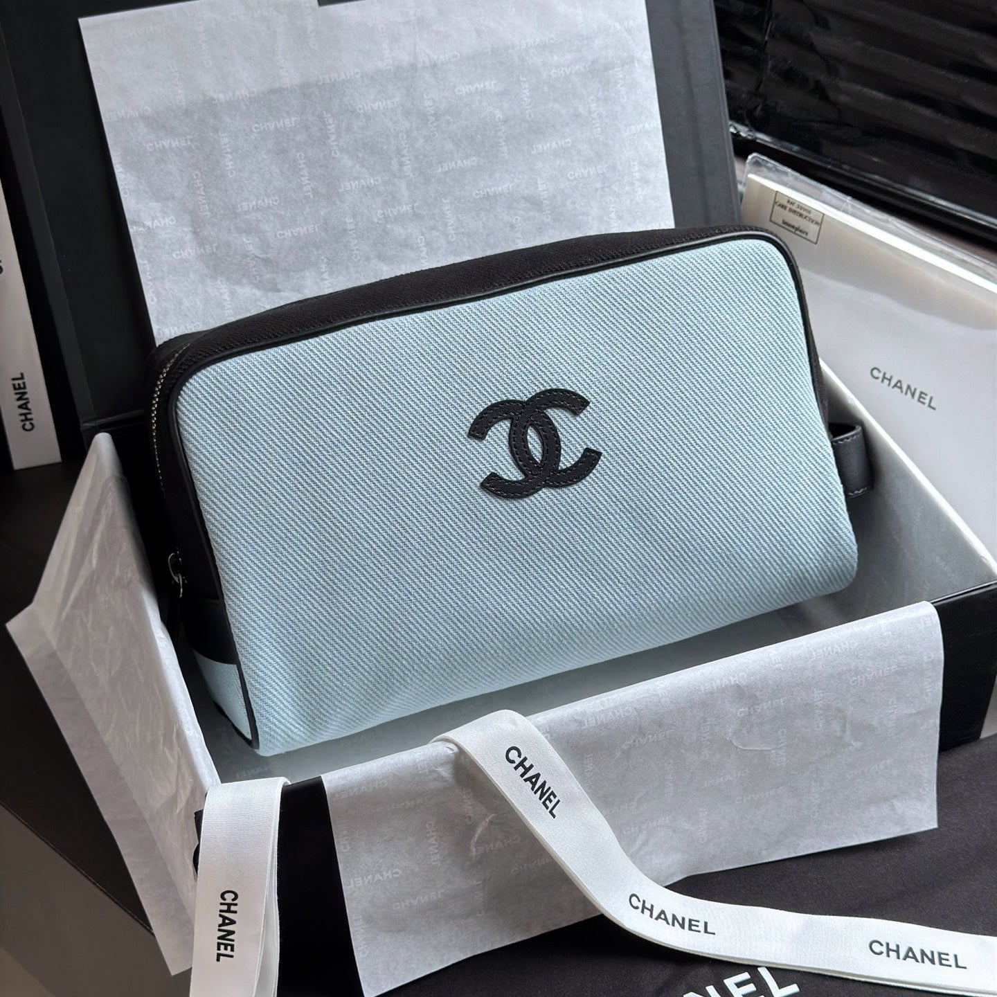 CHANEL 26S LARGE ZIP POUCH BAG 29 IN LIGHT BLUE CANVAS AND CALFSKIN SILVER HARDWARE