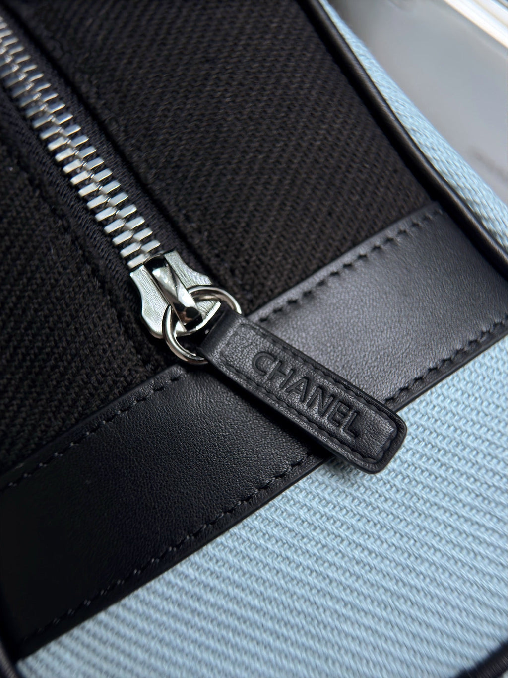 CHANEL 26S LARGE ZIP POUCH BAG 29 IN LIGHT BLUE CANVAS AND CALFSKIN SILVER HARDWARE