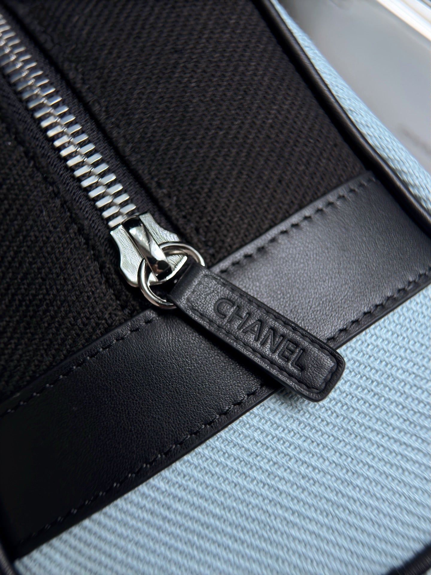 CHANEL 26S LARGE ZIP POUCH BAG 29 IN LIGHT BLUE CANVAS AND CALFSKIN SILVER HARDWARE