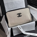 CHANEL 26S LARGE ZIP POUCH BAG 29 IN BEIGE CANVAS AND CALFSKIN SILVER HARDWARE