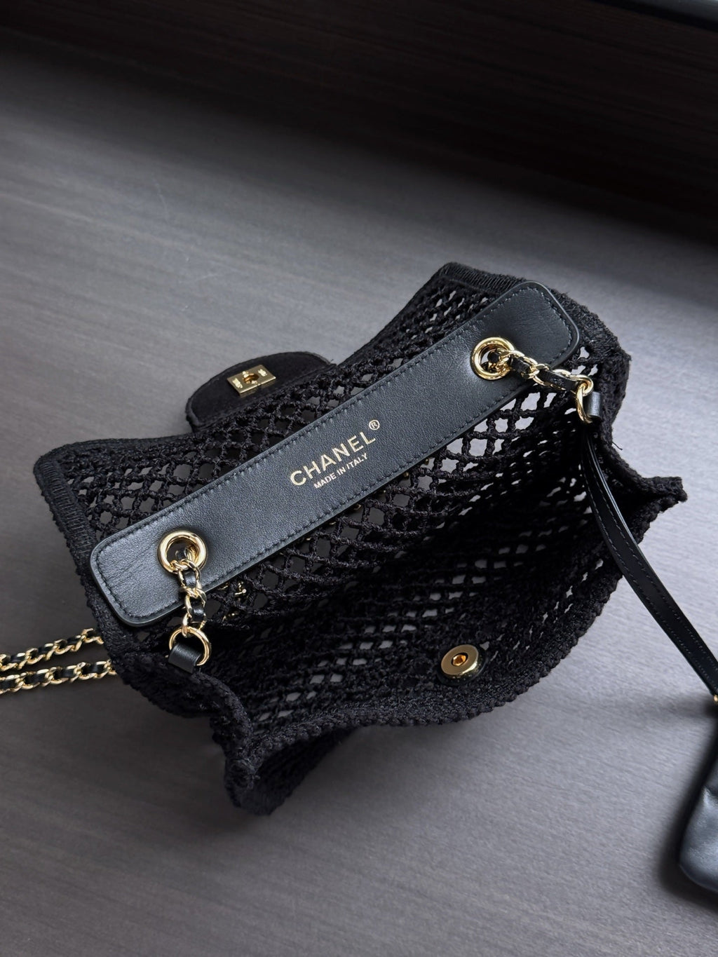CHANEL 26S SMALL CLASSIC FLAP BAG 21 IN BLACK OPEN-WEAVE CROCHET GOLD HARDWARE