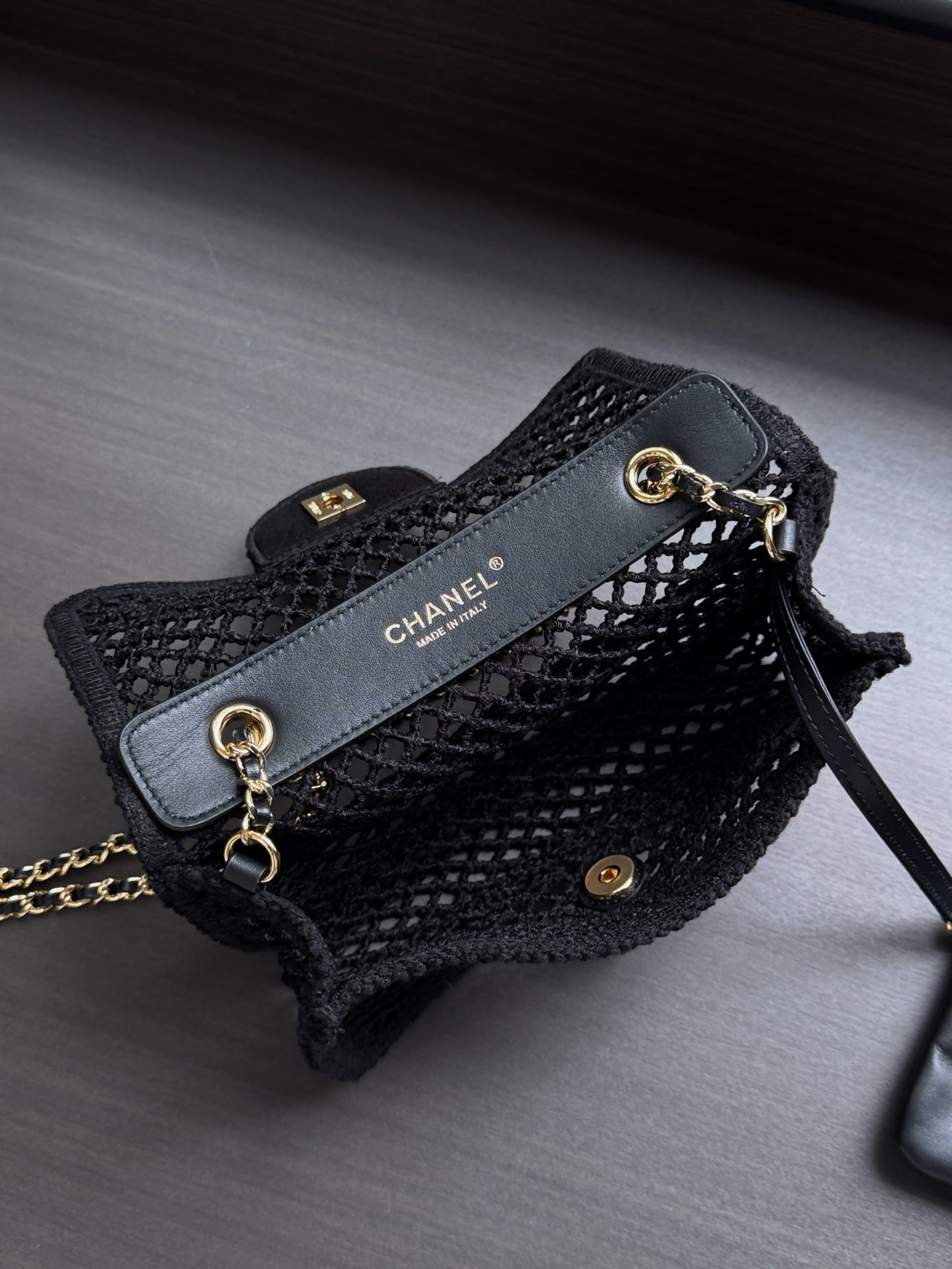 CHANEL 26S SMALL CLASSIC FLAP BAG 21 IN BLACK OPEN-WEAVE CROCHET GOLD HARDWARE