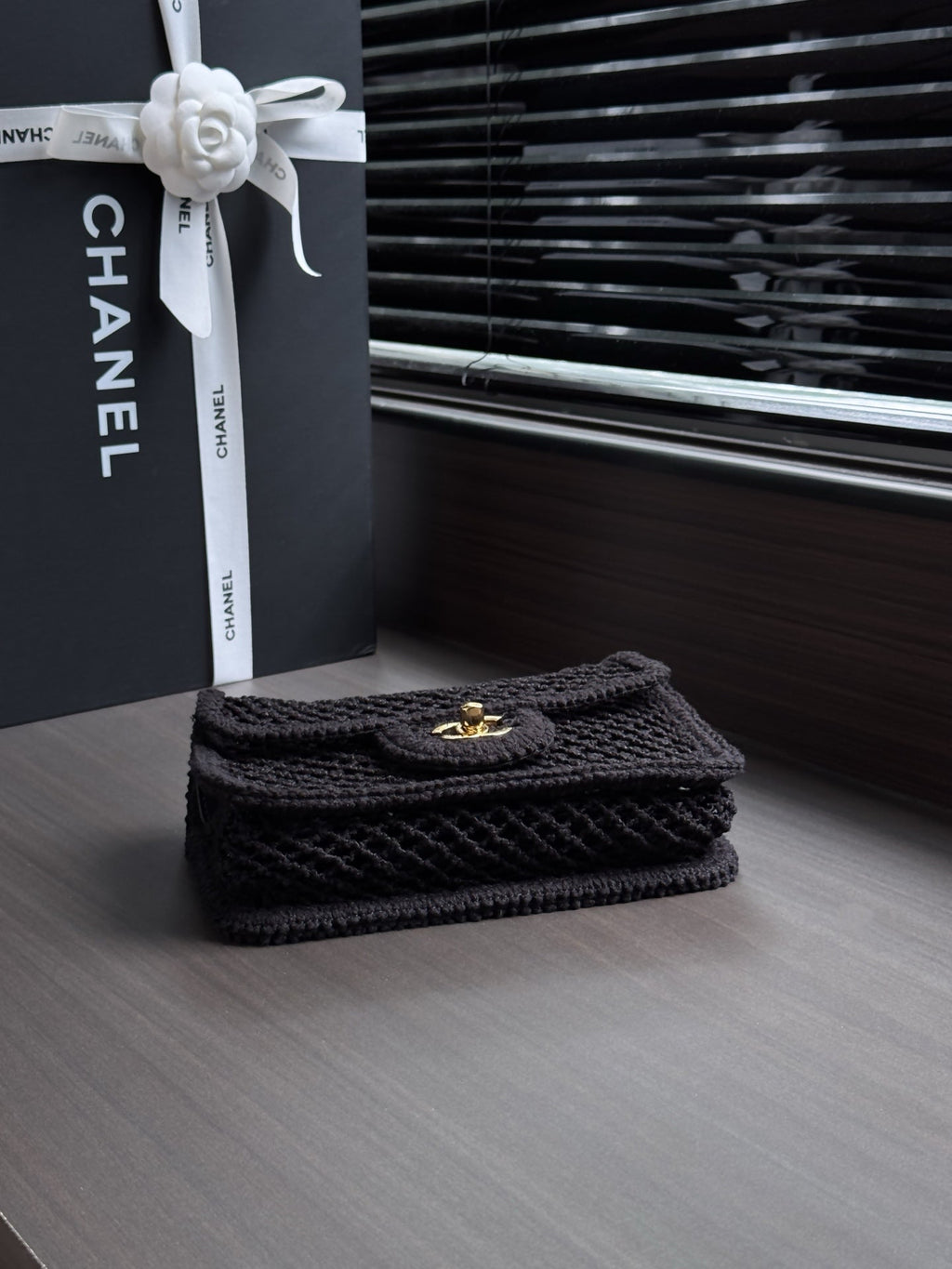 CHANEL 26S SMALL CLASSIC FLAP BAG 21 IN BLACK OPEN-WEAVE CROCHET GOLD HARDWARE