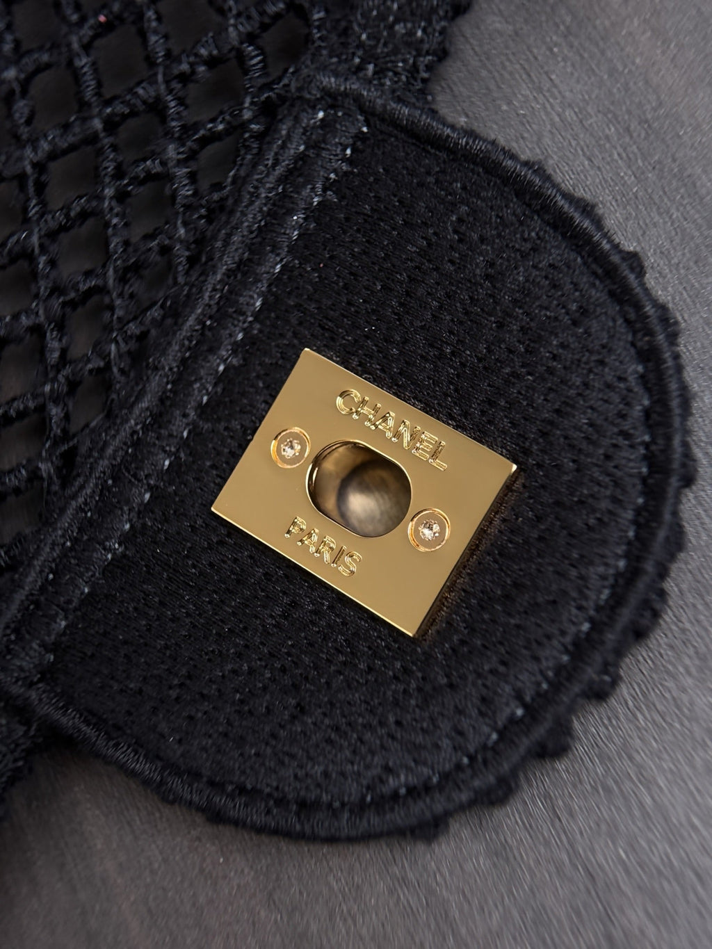 CHANEL 26S SMALL CLASSIC FLAP BAG 21 IN BLACK OPEN-WEAVE CROCHET GOLD HARDWARE
