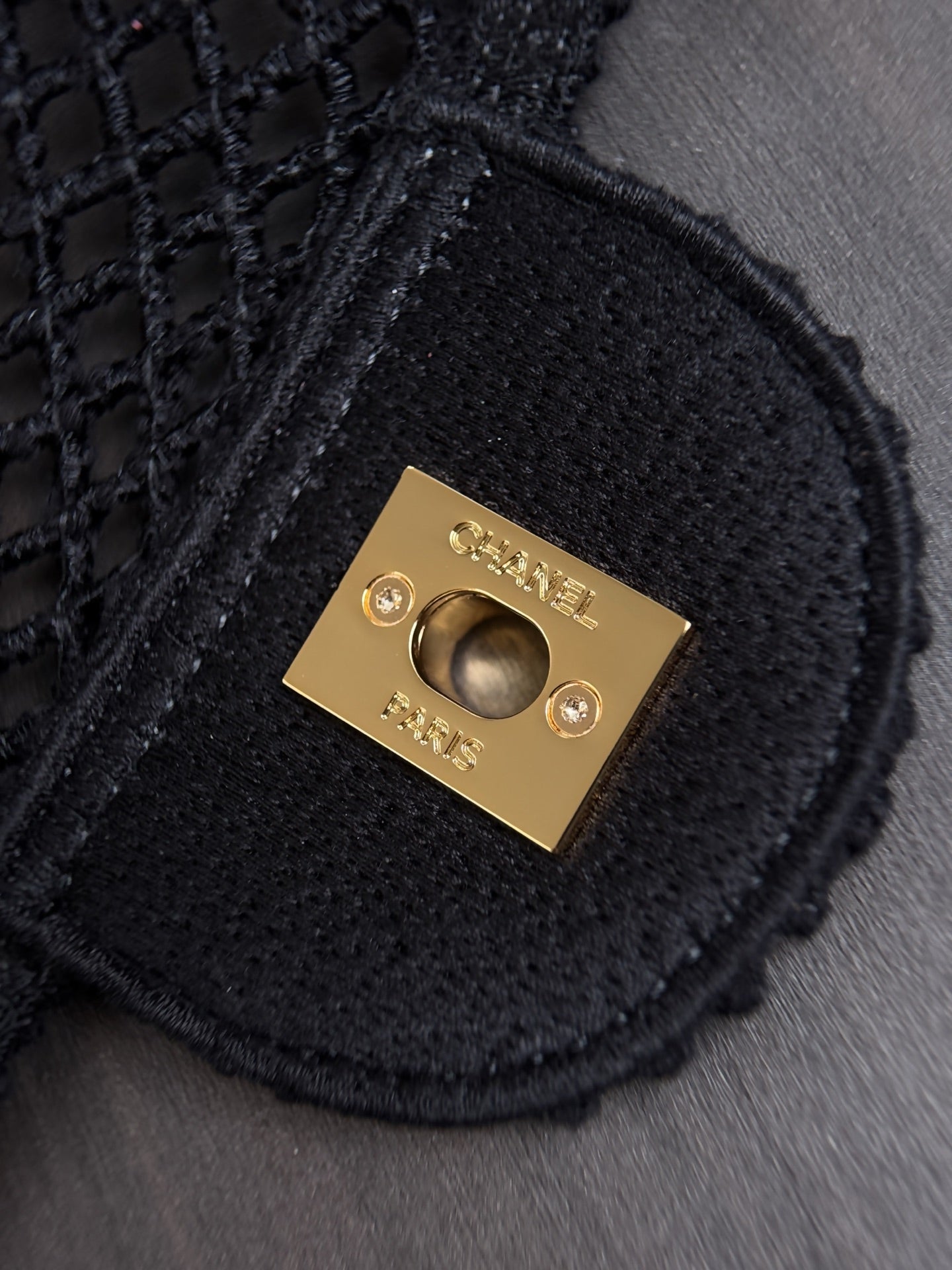 CHANEL 26S SMALL CLASSIC FLAP BAG 21 IN BLACK OPEN-WEAVE CROCHET GOLD HARDWARE