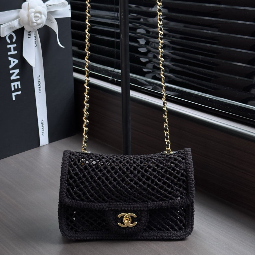 CHANEL 26S SMALL CLASSIC FLAP BAG 21 IN BLACK OPEN-WEAVE CROCHET GOLD HARDWARE