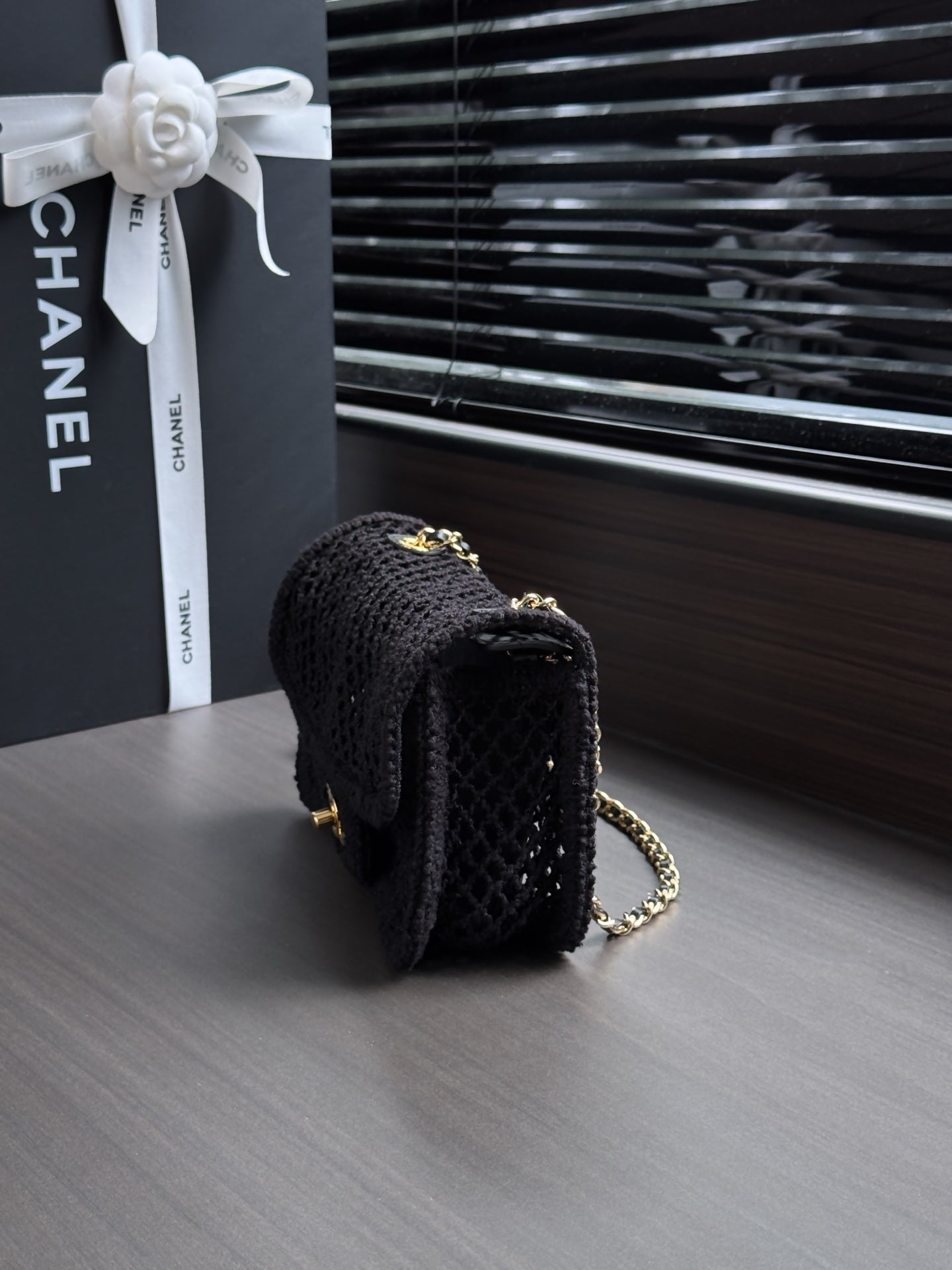 CHANEL 26S SMALL CLASSIC FLAP BAG 21 IN BLACK OPEN-WEAVE CROCHET GOLD HARDWARE