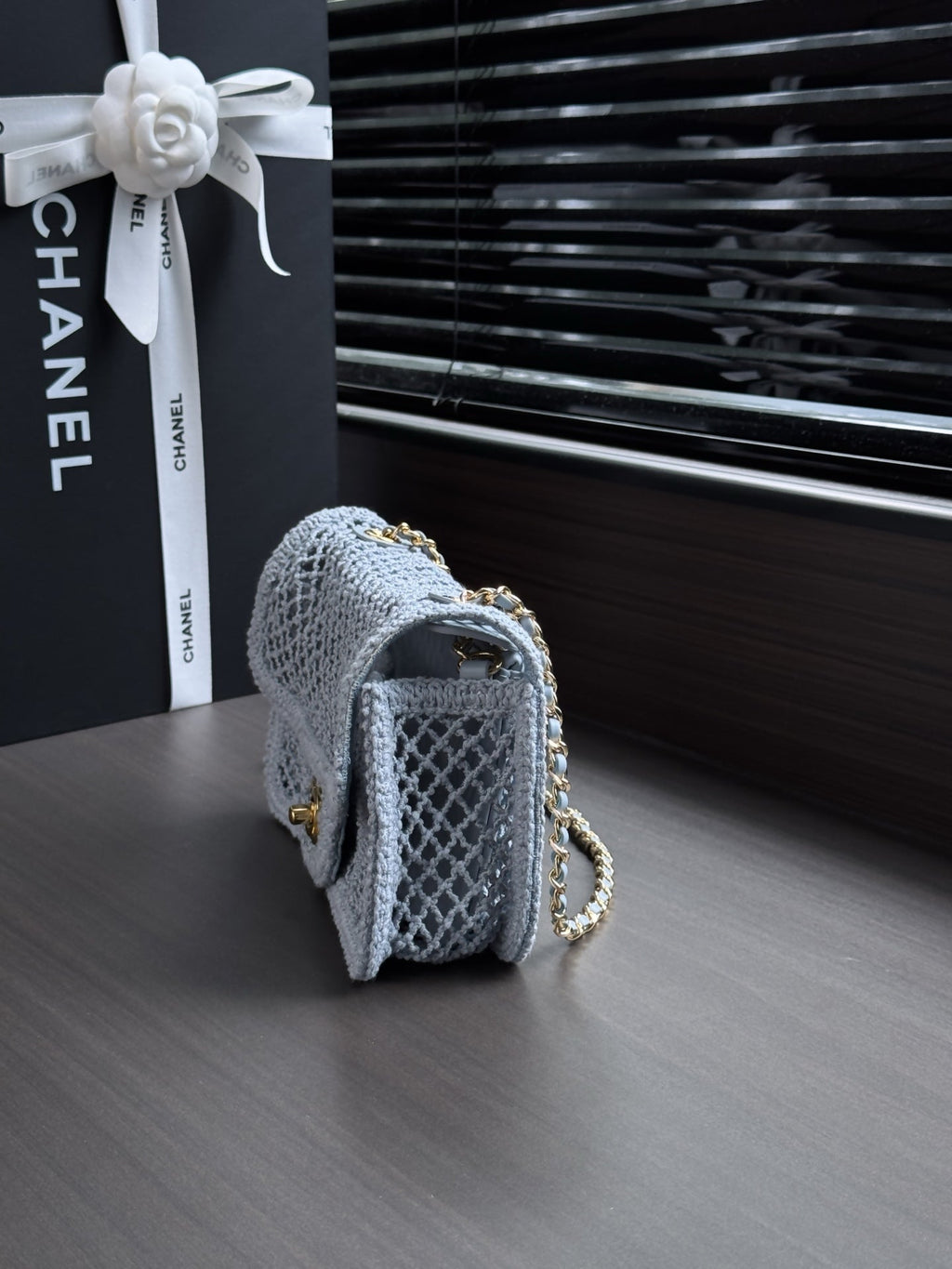 CHANEL 26S SMALL CLASSIC FLAP BAG 21 IN LIGHT BLUE OPEN-WEAVE CROCHET GOLD HARDWARE