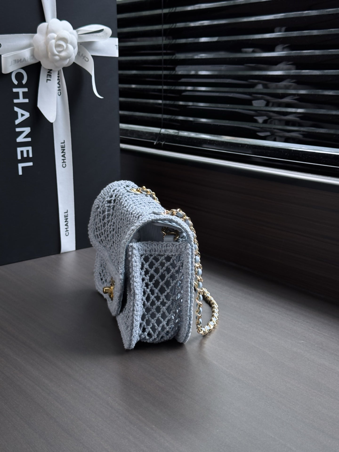 CHANEL 26S SMALL CLASSIC FLAP BAG 21 IN LIGHT BLUE OPEN-WEAVE CROCHET GOLD HARDWARE