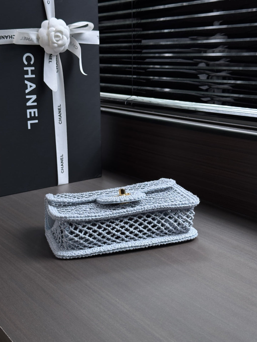 CHANEL 26S SMALL CLASSIC FLAP BAG 21 IN LIGHT BLUE OPEN-WEAVE CROCHET GOLD HARDWARE