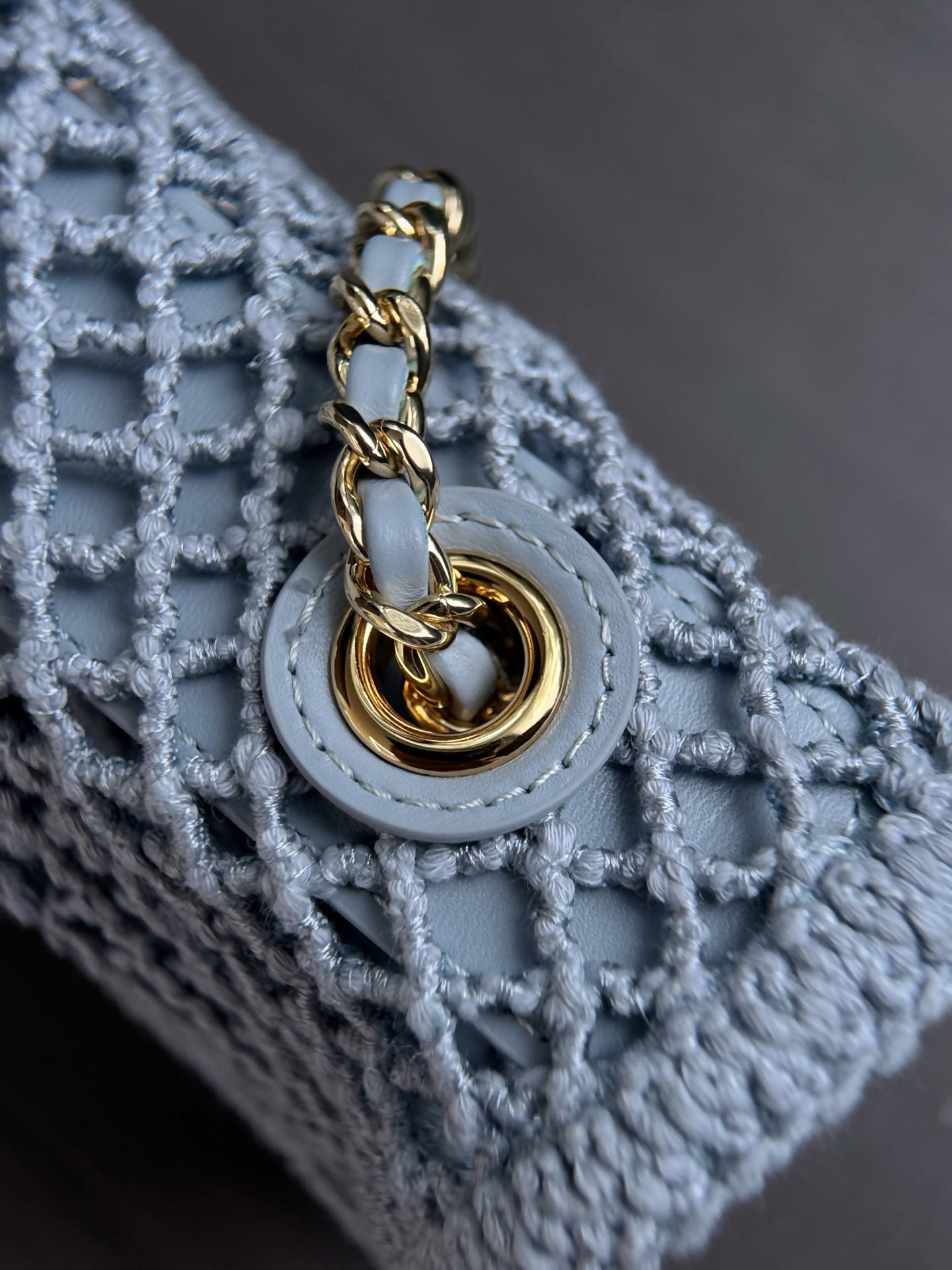 CHANEL 26S SMALL CLASSIC FLAP BAG 21 IN LIGHT BLUE OPEN-WEAVE CROCHET GOLD HARDWARE
