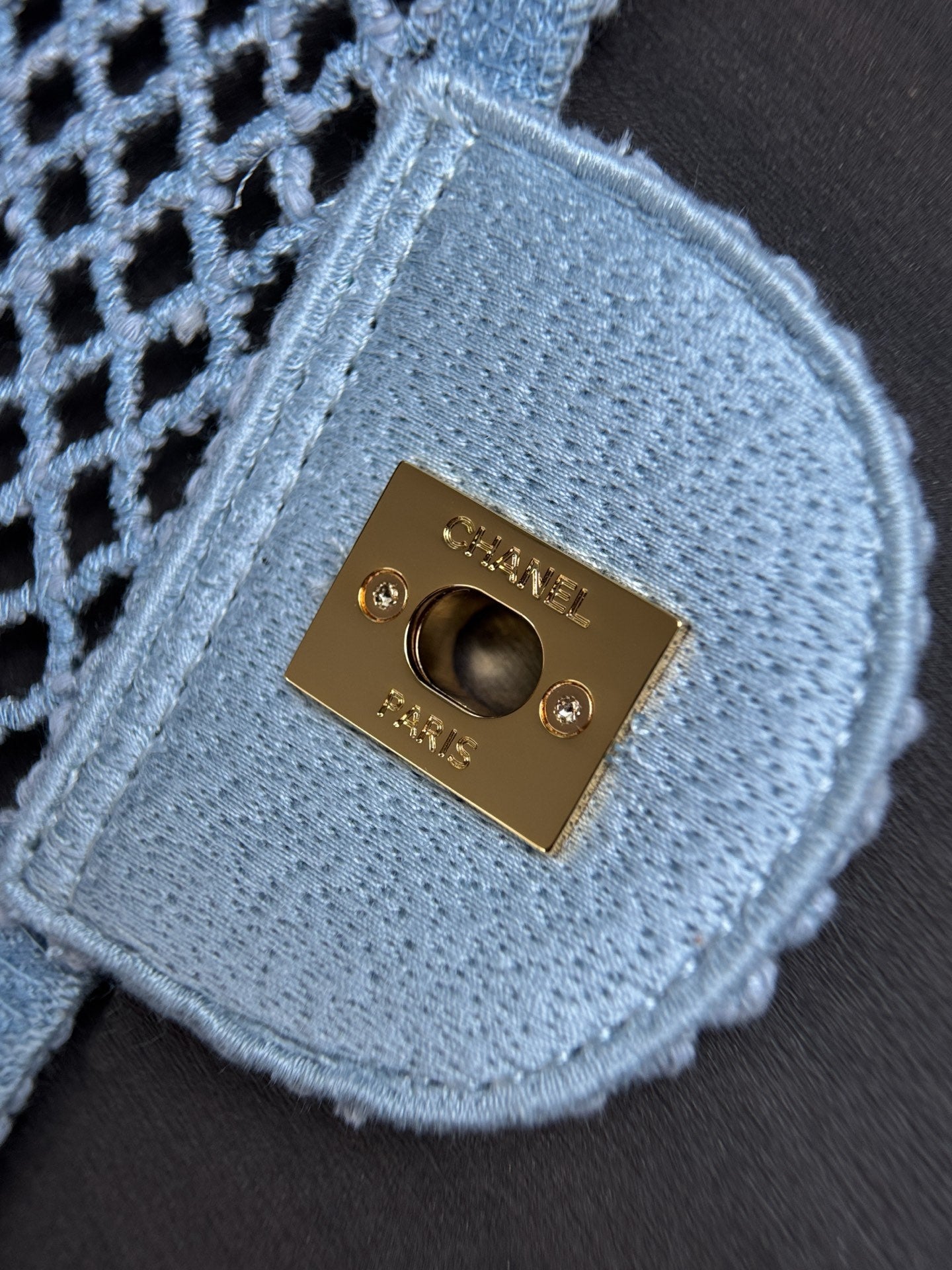 CHANEL 26S SMALL CLASSIC FLAP BAG 21 IN LIGHT BLUE OPEN-WEAVE CROCHET GOLD HARDWARE