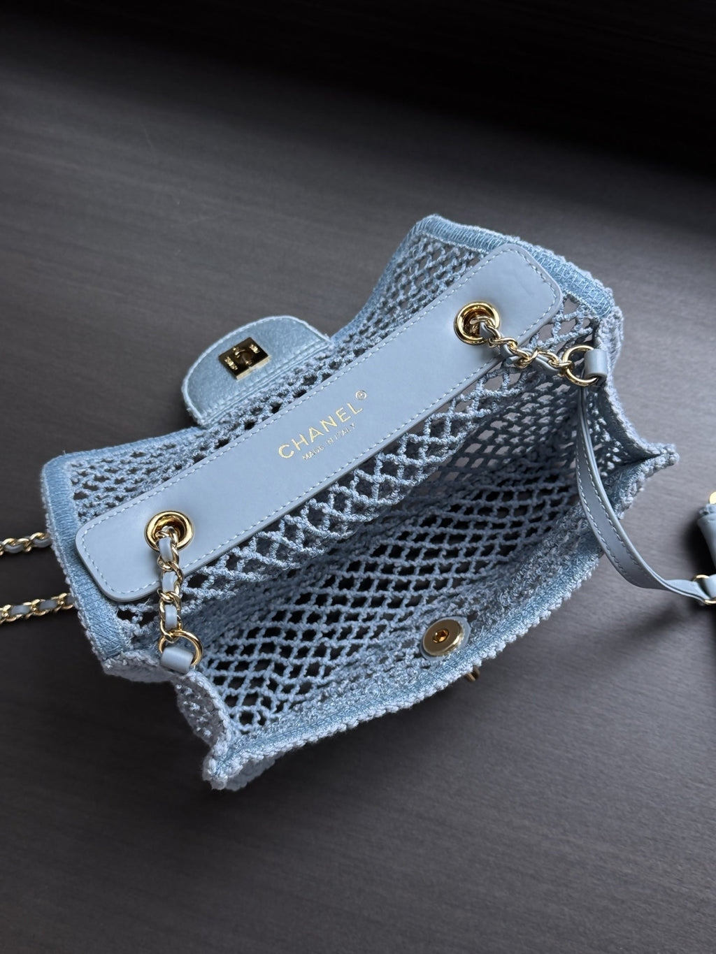 CHANEL 26S SMALL CLASSIC FLAP BAG 21 IN LIGHT BLUE OPEN-WEAVE CROCHET GOLD HARDWARE