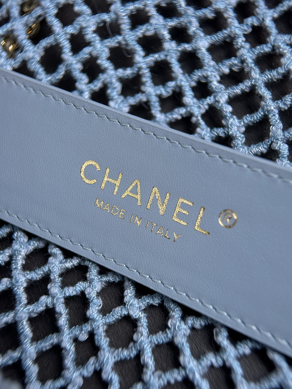 CHANEL 26S SMALL CLASSIC FLAP BAG 21 IN LIGHT BLUE OPEN-WEAVE CROCHET GOLD HARDWARE