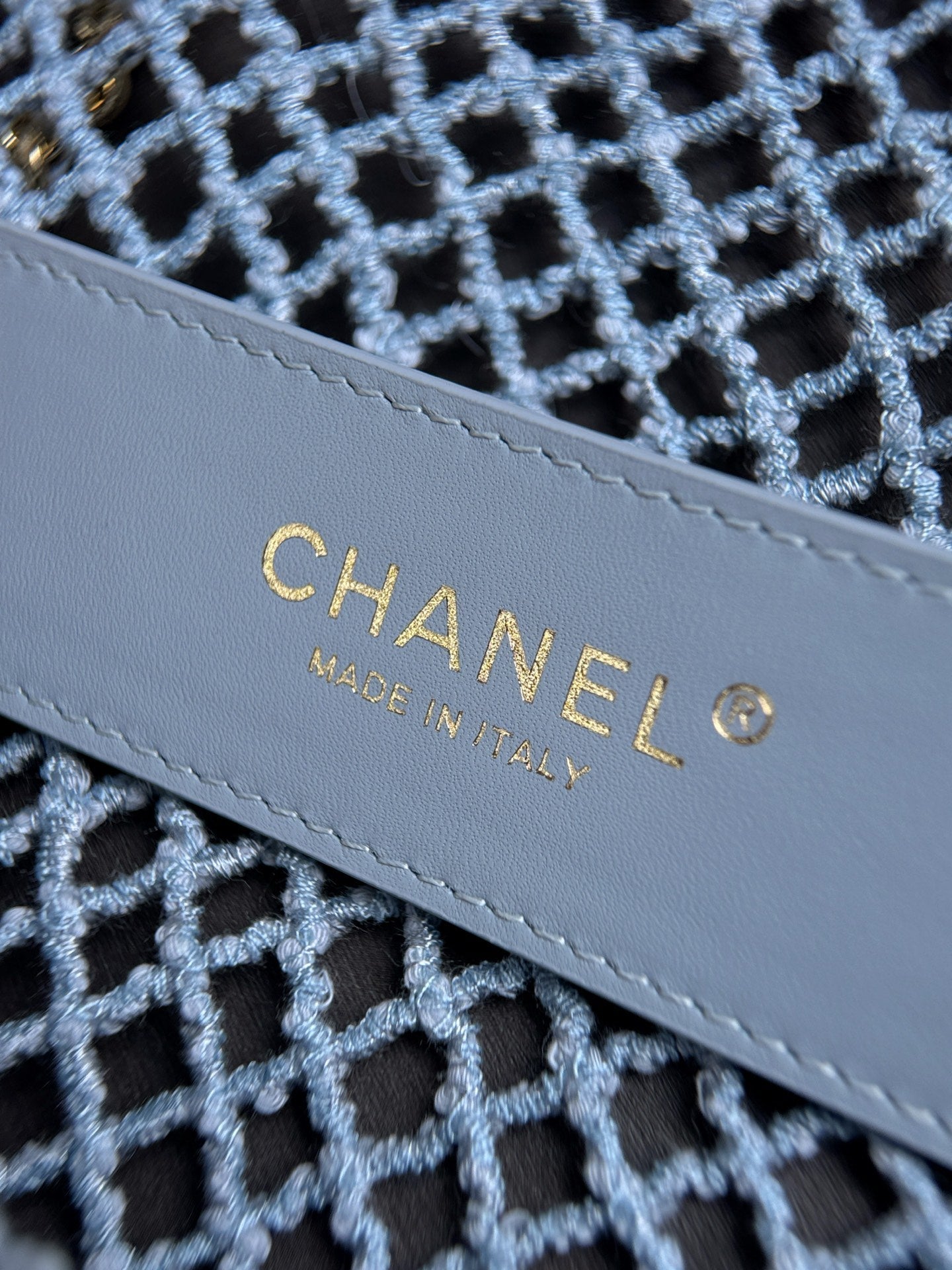 CHANEL 26S SMALL CLASSIC FLAP BAG 21 IN LIGHT BLUE OPEN-WEAVE CROCHET GOLD HARDWARE