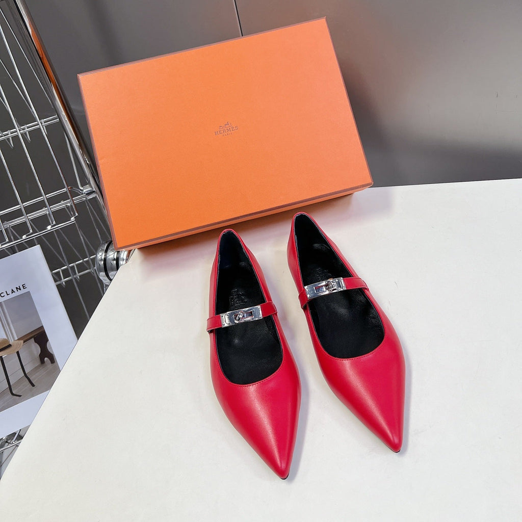 HM 26S KELLY BUCKLE MARY JANE POINTED FLATS IN RED CALFSKIN