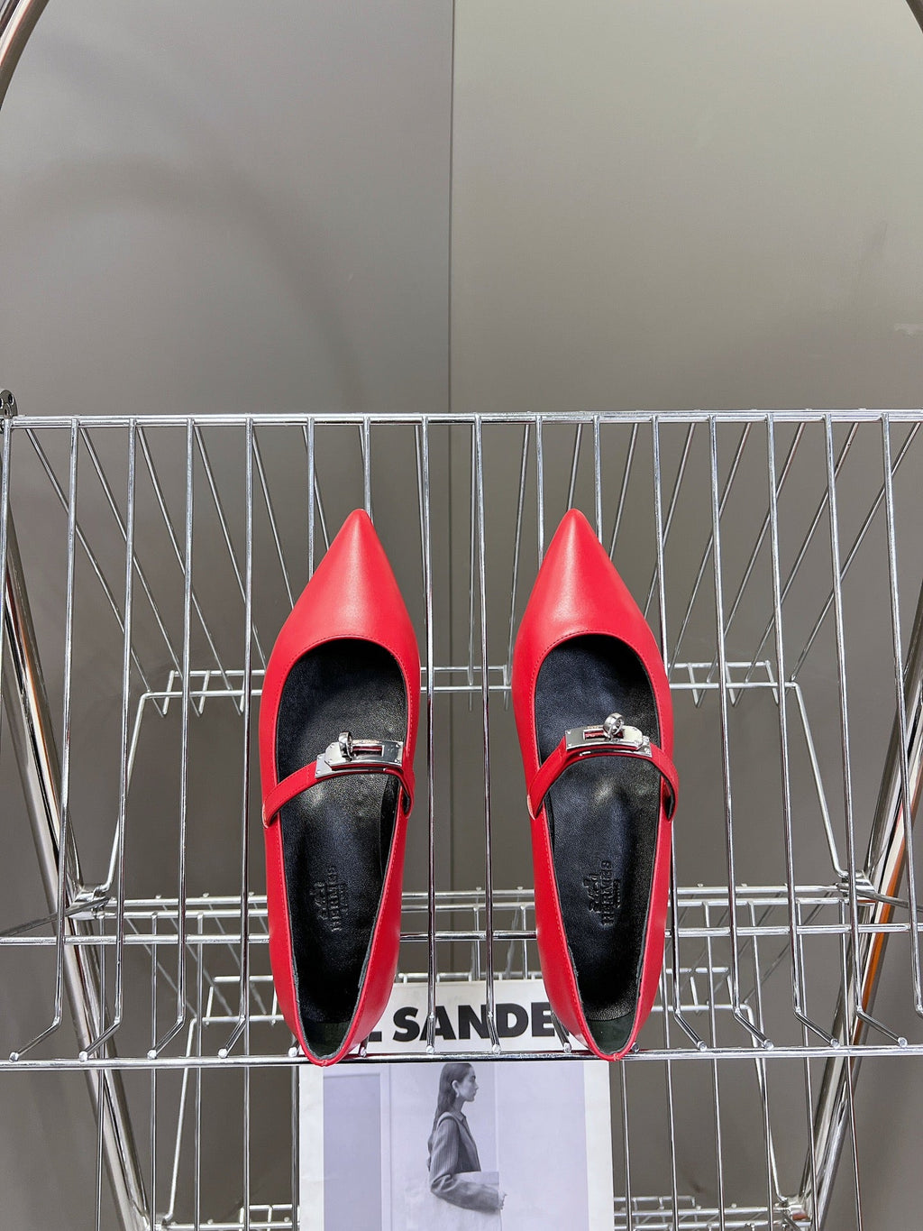 HM 26S KELLY BUCKLE MARY JANE POINTED FLATS IN RED CALFSKIN