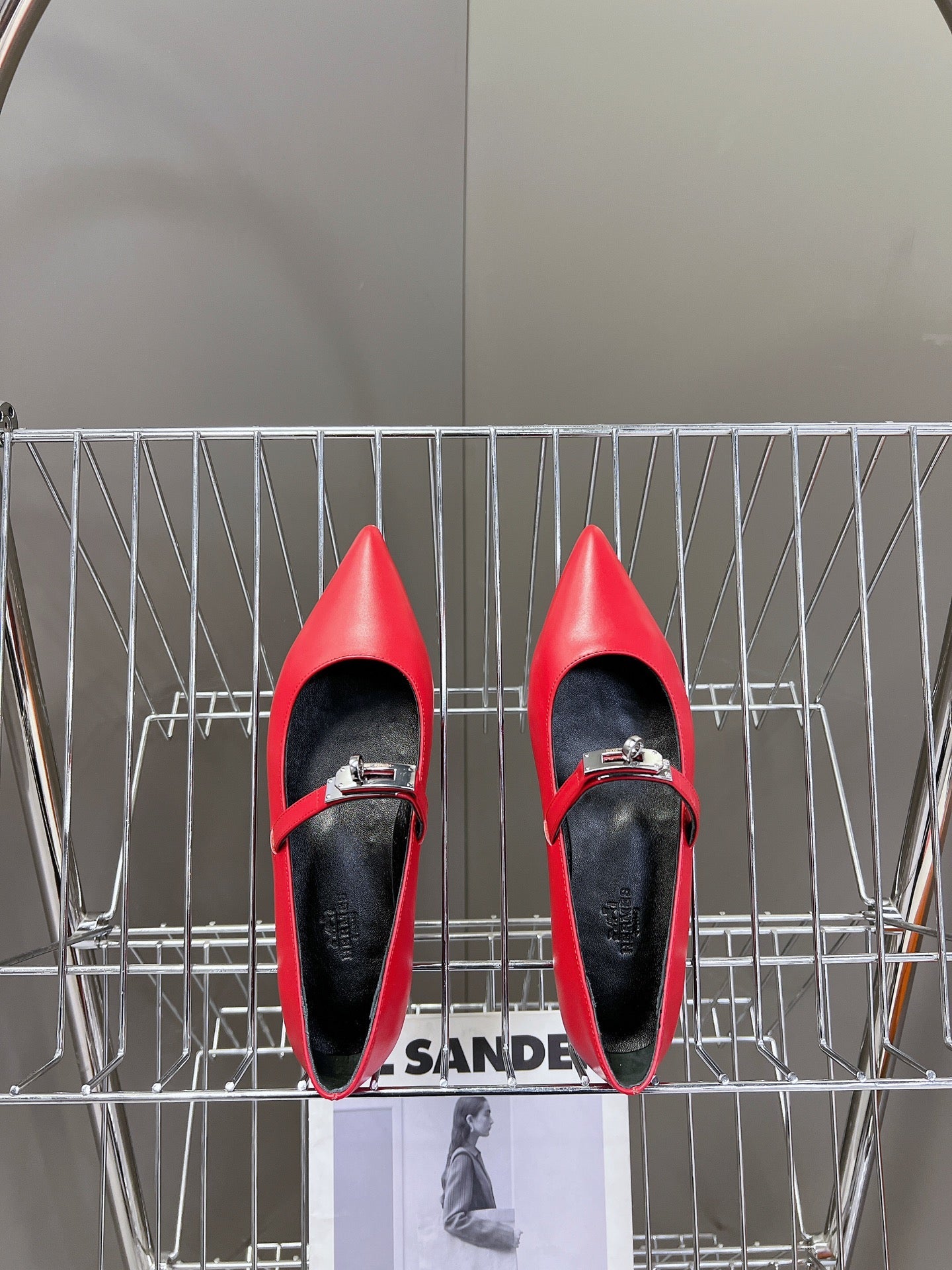 HM 26S KELLY BUCKLE MARY JANE POINTED FLATS IN RED CALFSKIN