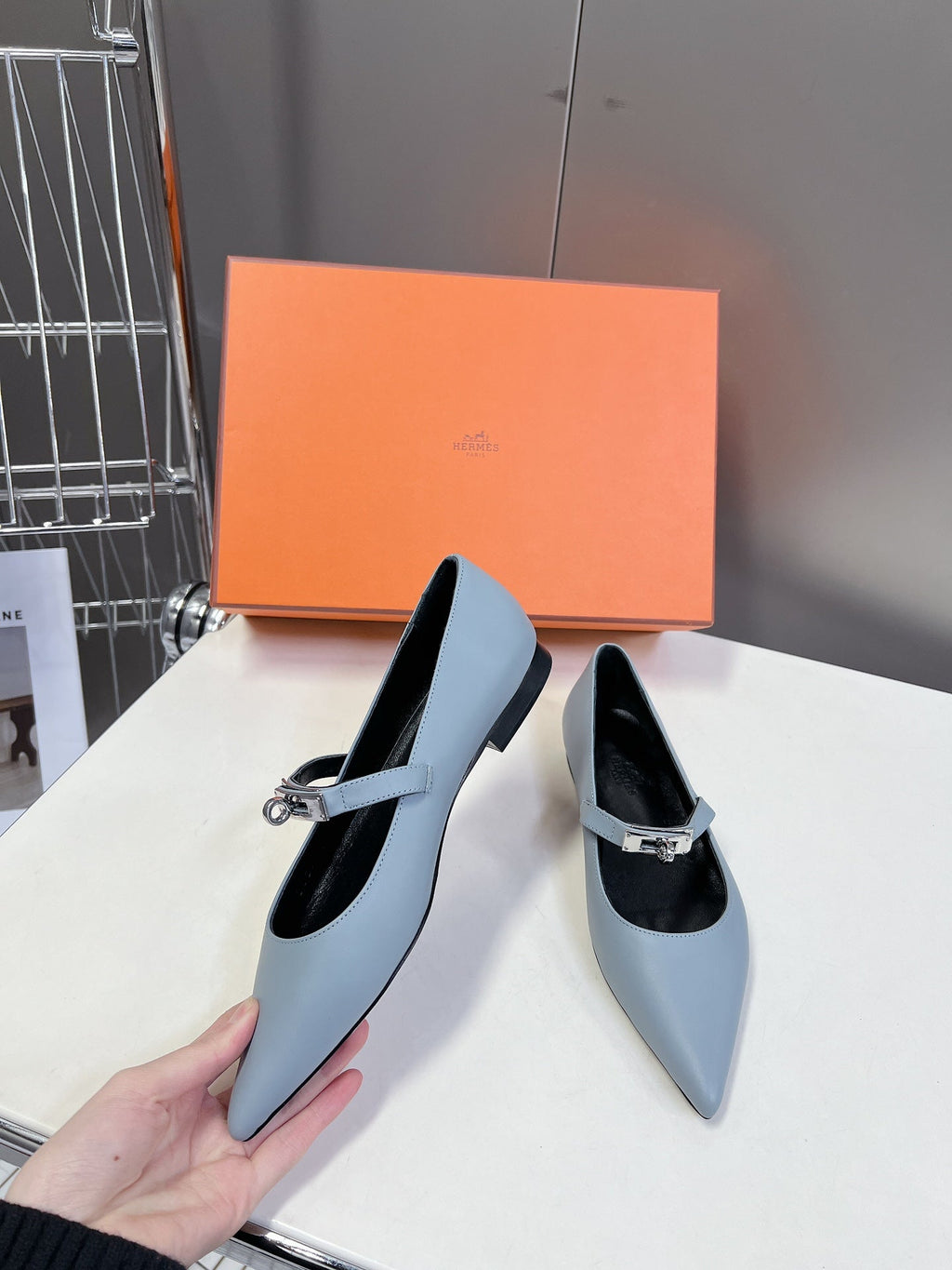 HM 26S KELLY BUCKLE MARY JANE POINTED FLATS IN LIGHT BLUE CALFSKIN