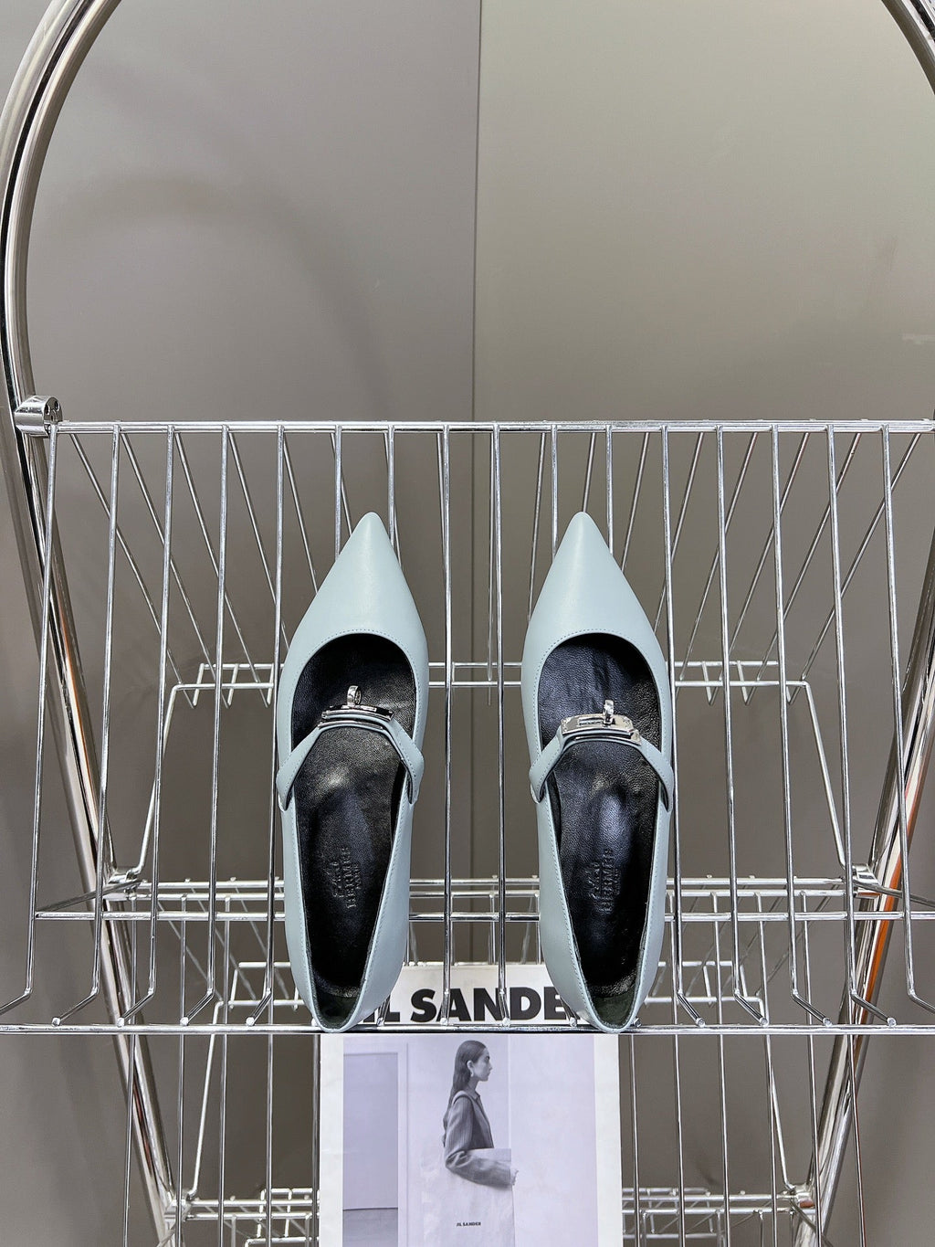 HM 26S KELLY BUCKLE MARY JANE POINTED FLATS IN LIGHT BLUE CALFSKIN