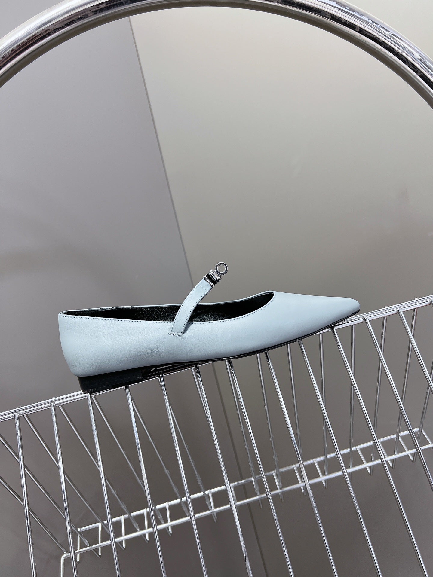 HM 26S KELLY BUCKLE MARY JANE POINTED FLATS IN LIGHT BLUE CALFSKIN