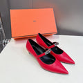 HM 26S MARY JANE POINTED TOE HEELS 40MM IN RED CALFSKIN KELLY BUCKLE