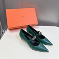 HM 26S MARY JANE POINTED TOE HEELS 40MM IN EMERALD GREEN CALFSKIN KELLY BUCKLE
