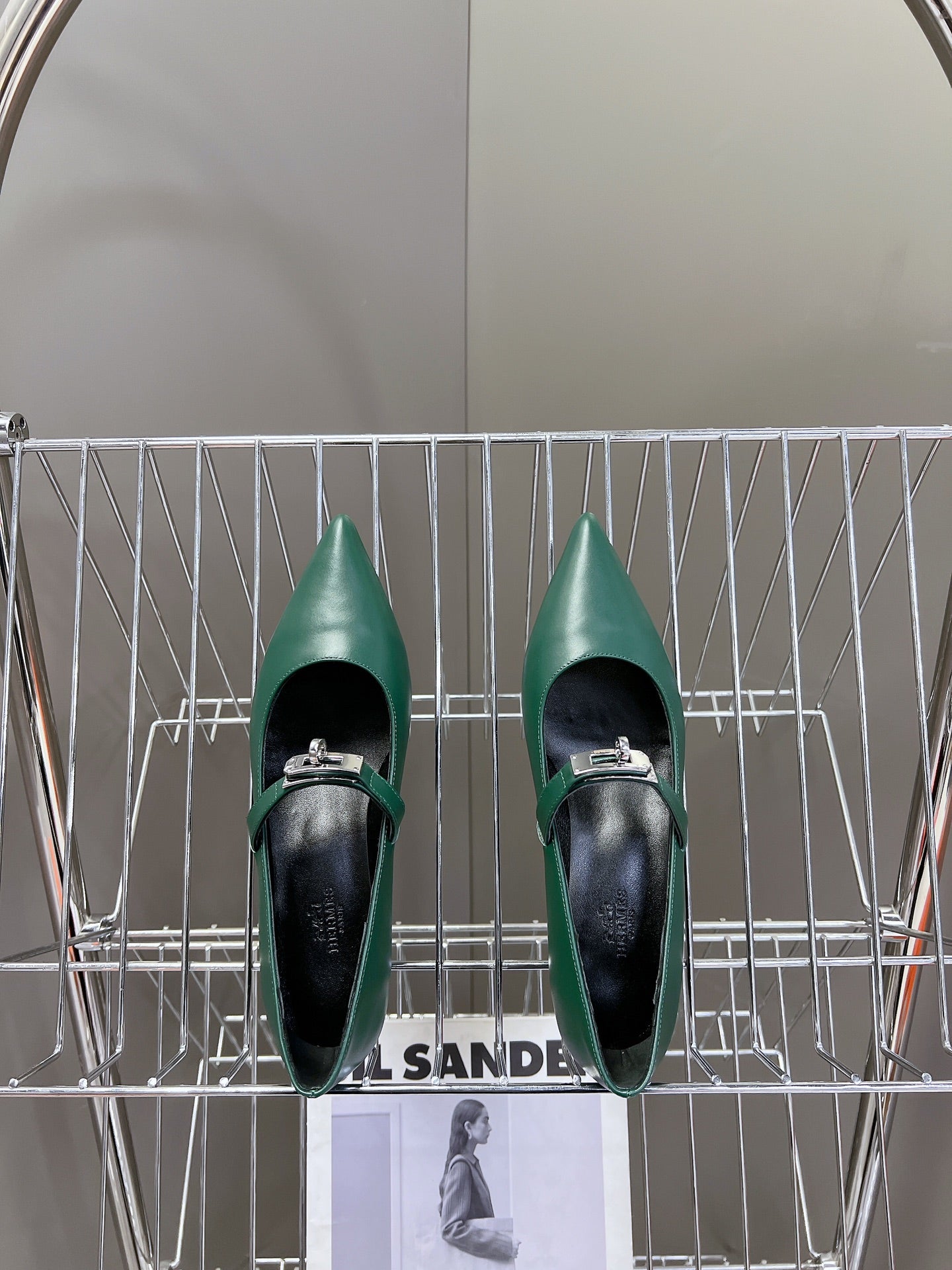 HM 26S MARY JANE POINTED TOE HEELS 40MM IN EMERALD GREEN CALFSKIN KELLY BUCKLE