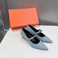 HM 26S MARY JANE POINTED TOE HEELS 40MM IN LIGHT BLUE CALFSKIN KELLY BUCKLE