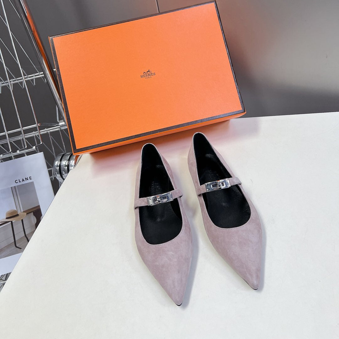 HM 26S KELLY BUCKLE MARY JANE POINTED FLATS IN TAUPE BROWN SUEDE