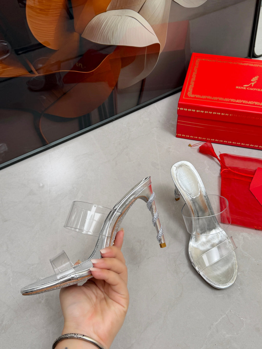 RENE CAOVILLA 26S HEELED SANDALS 95 MM IN SILVER LAMBSKIN AND TRANSPARENT PVC