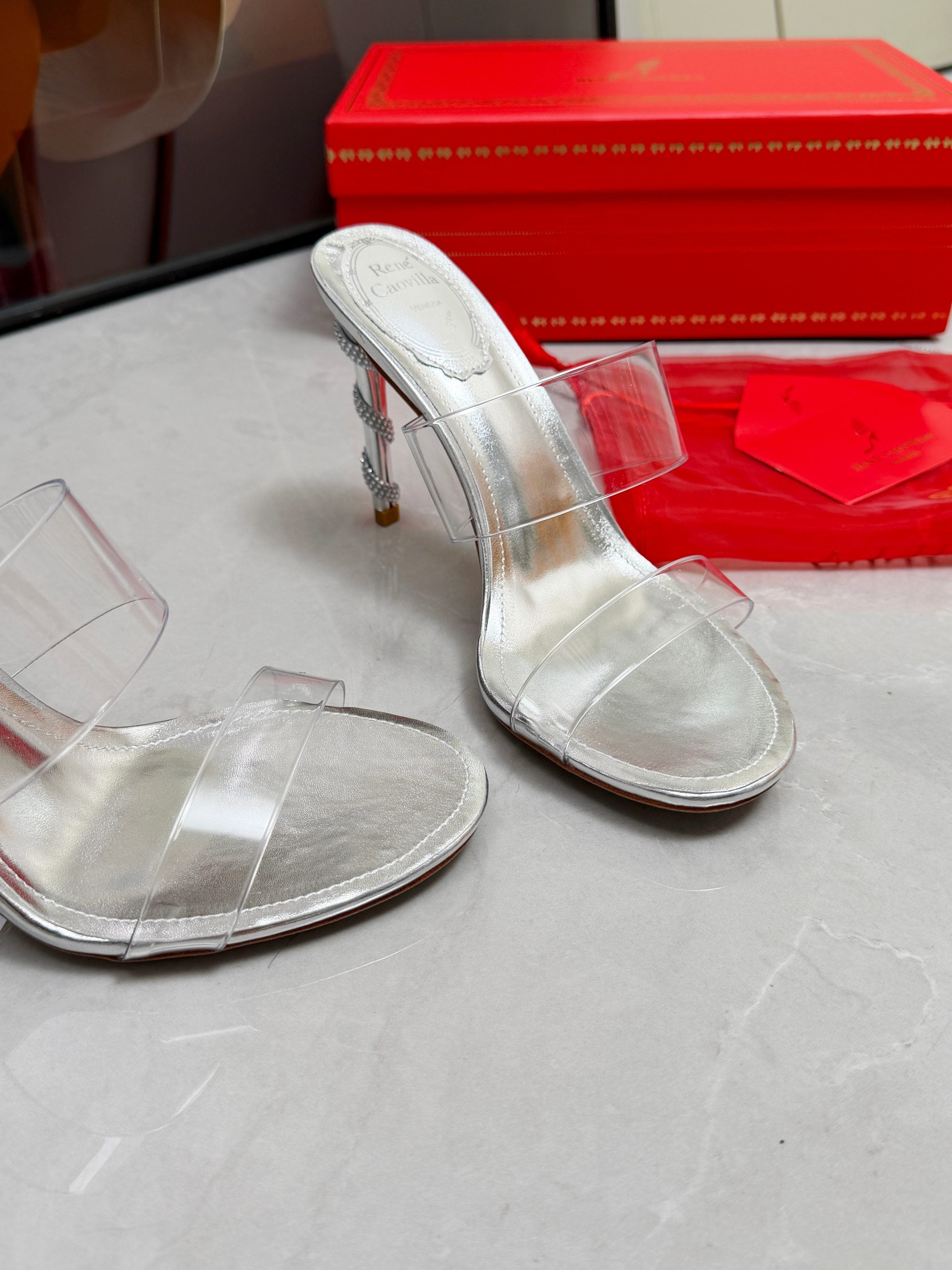 RENE CAOVILLA 26S HEELED SANDALS 95 MM IN SILVER LAMBSKIN AND TRANSPARENT PVC