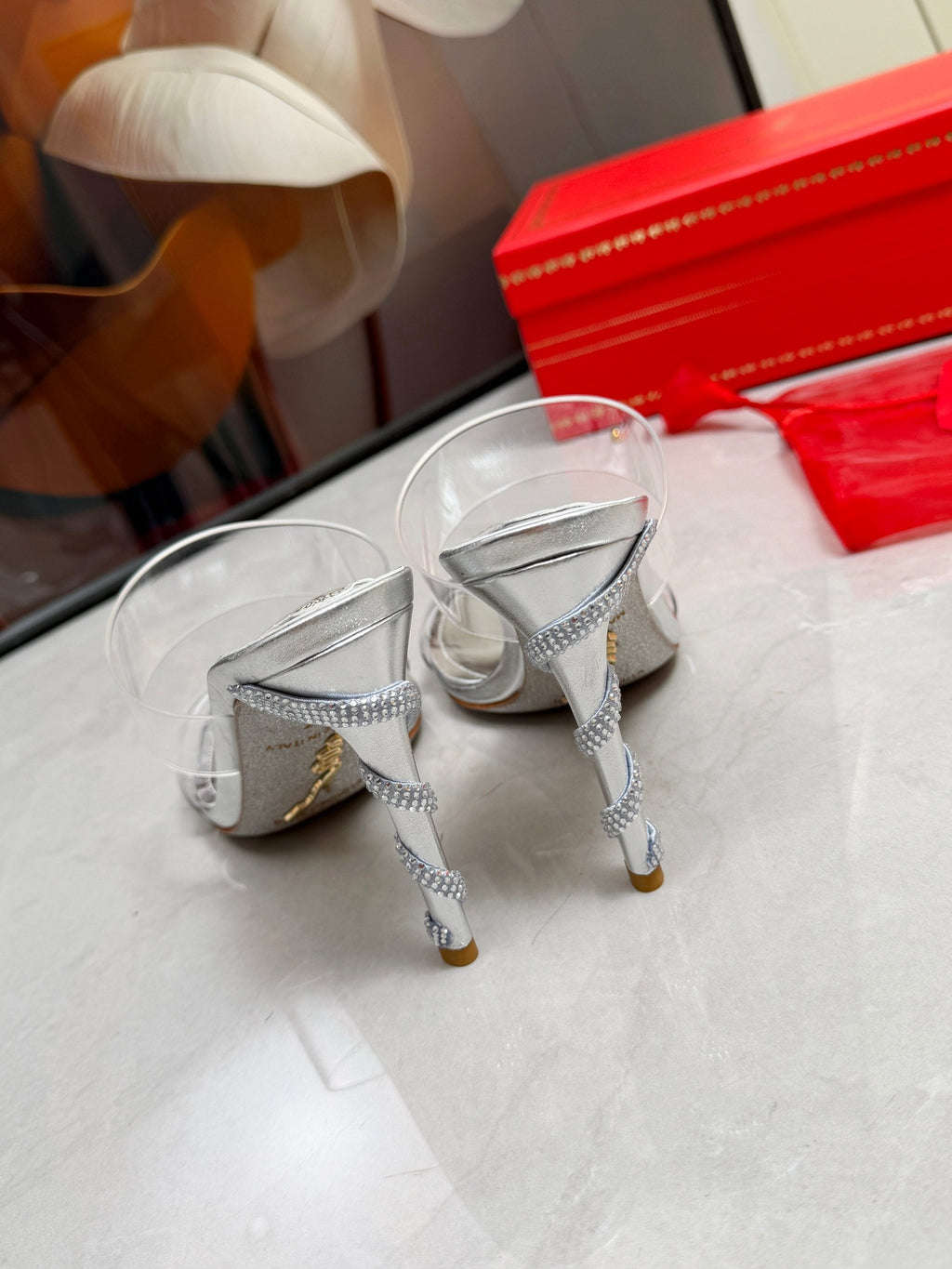 RENE CAOVILLA 26S HEELED SANDALS 95 MM IN SILVER LAMBSKIN AND TRANSPARENT PVC