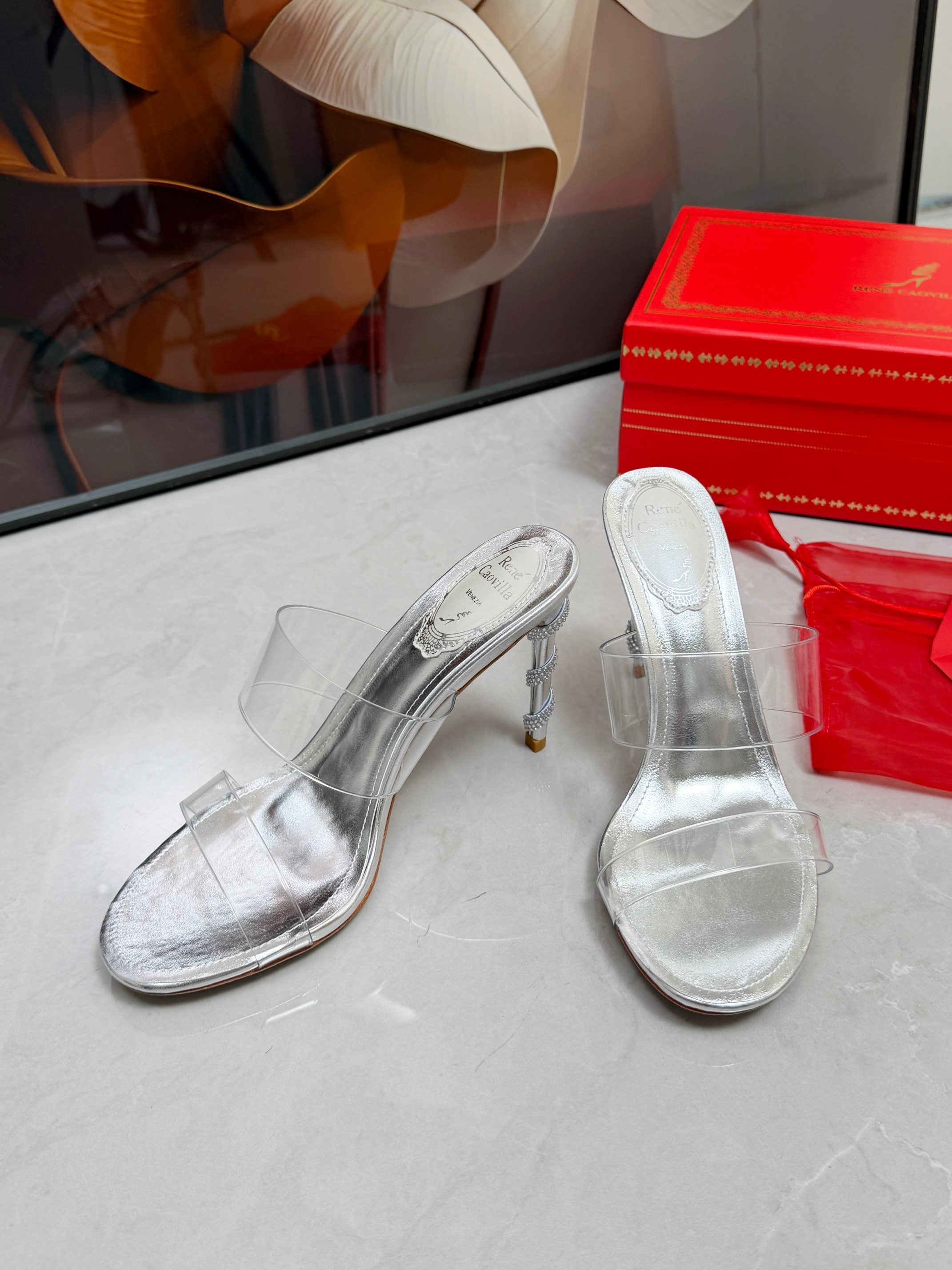 RENE CAOVILLA 26S HEELED SANDALS 95 MM IN SILVER LAMBSKIN AND TRANSPARENT PVC
