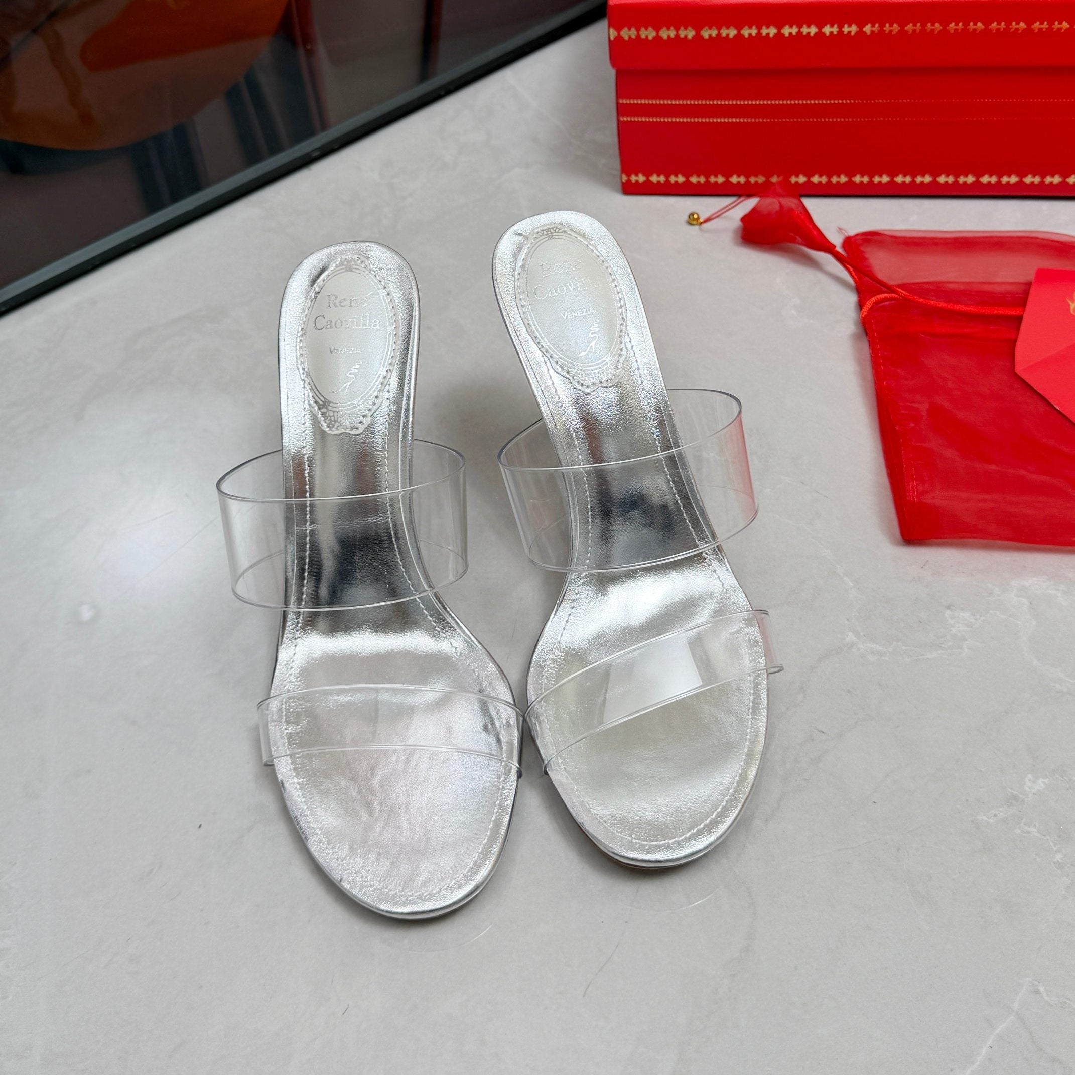 RENE CAOVILLA 26S HEELED SANDALS 95 MM IN SILVER LAMBSKIN AND TRANSPARENT PVC